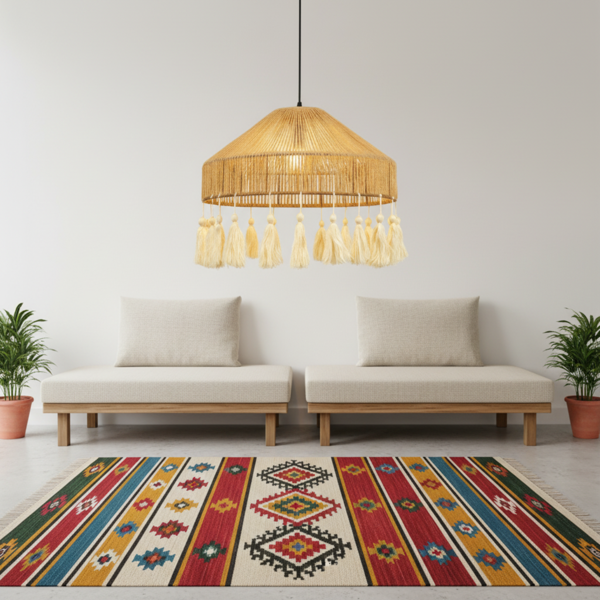 Suspension "Elyssa" Double Niveau en Jute Naturel et Pompons