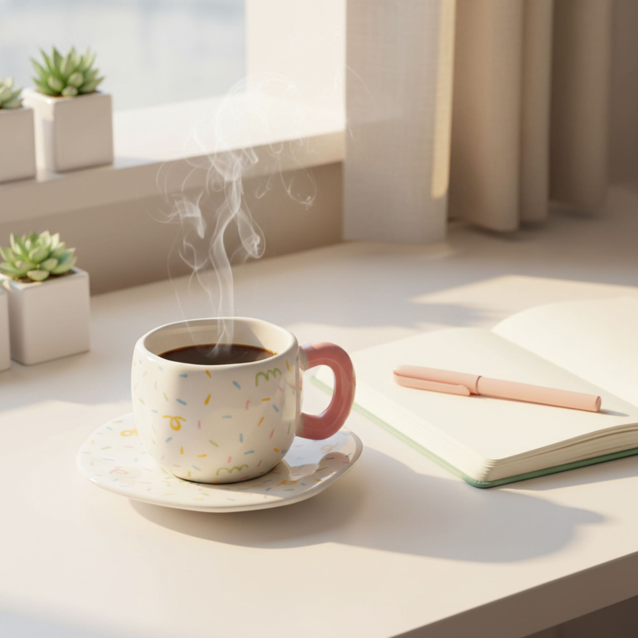 Mug Céramique Confettis & Anse Rose – Tasse Tendance avec Soucoupe