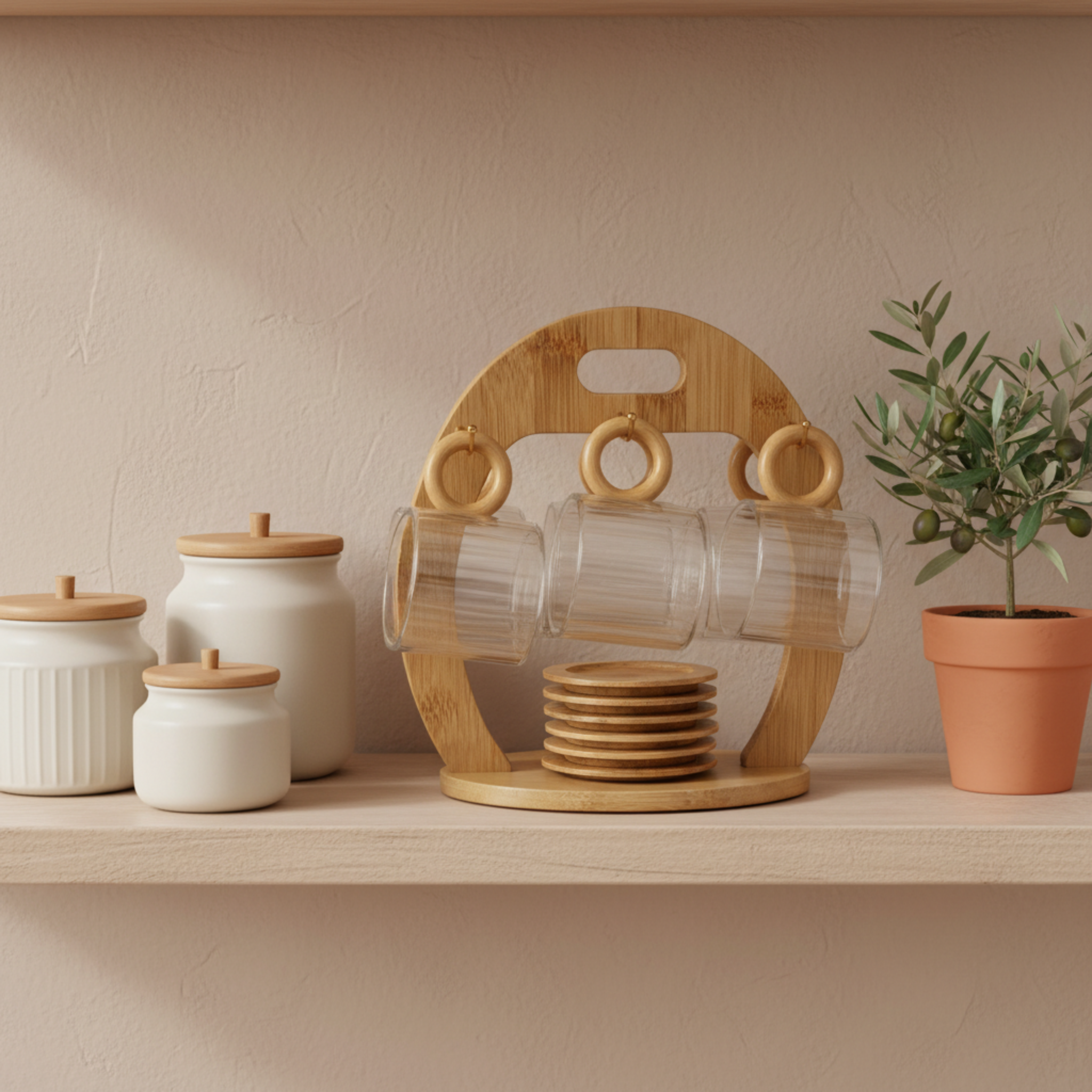 Service Café 6 Tasses Verre & Support Bois – Rangement Design Cuisine