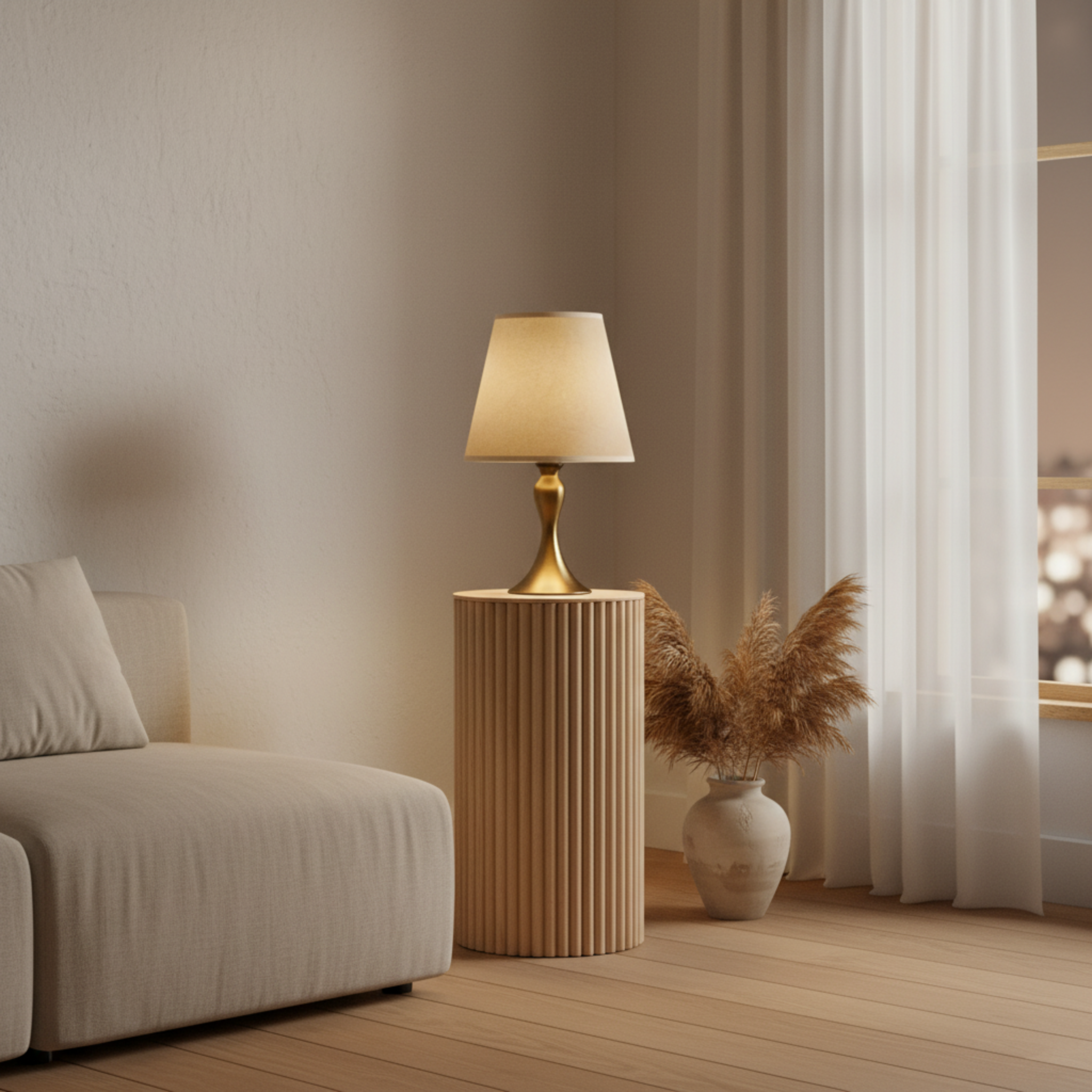 Lampe de Chevet Classique Dorée – Abat-Jour Tissu Beige