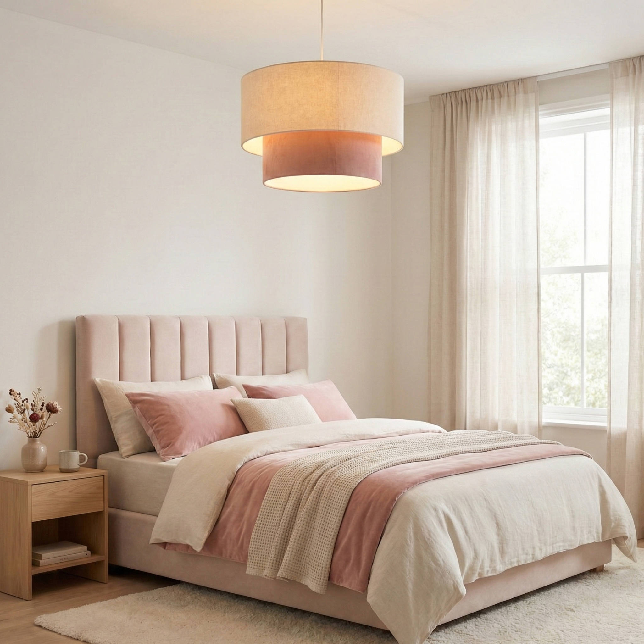 Suspension Double Abat-Jour Beige & Vieux Rose - Lustre Moderne Tunisie