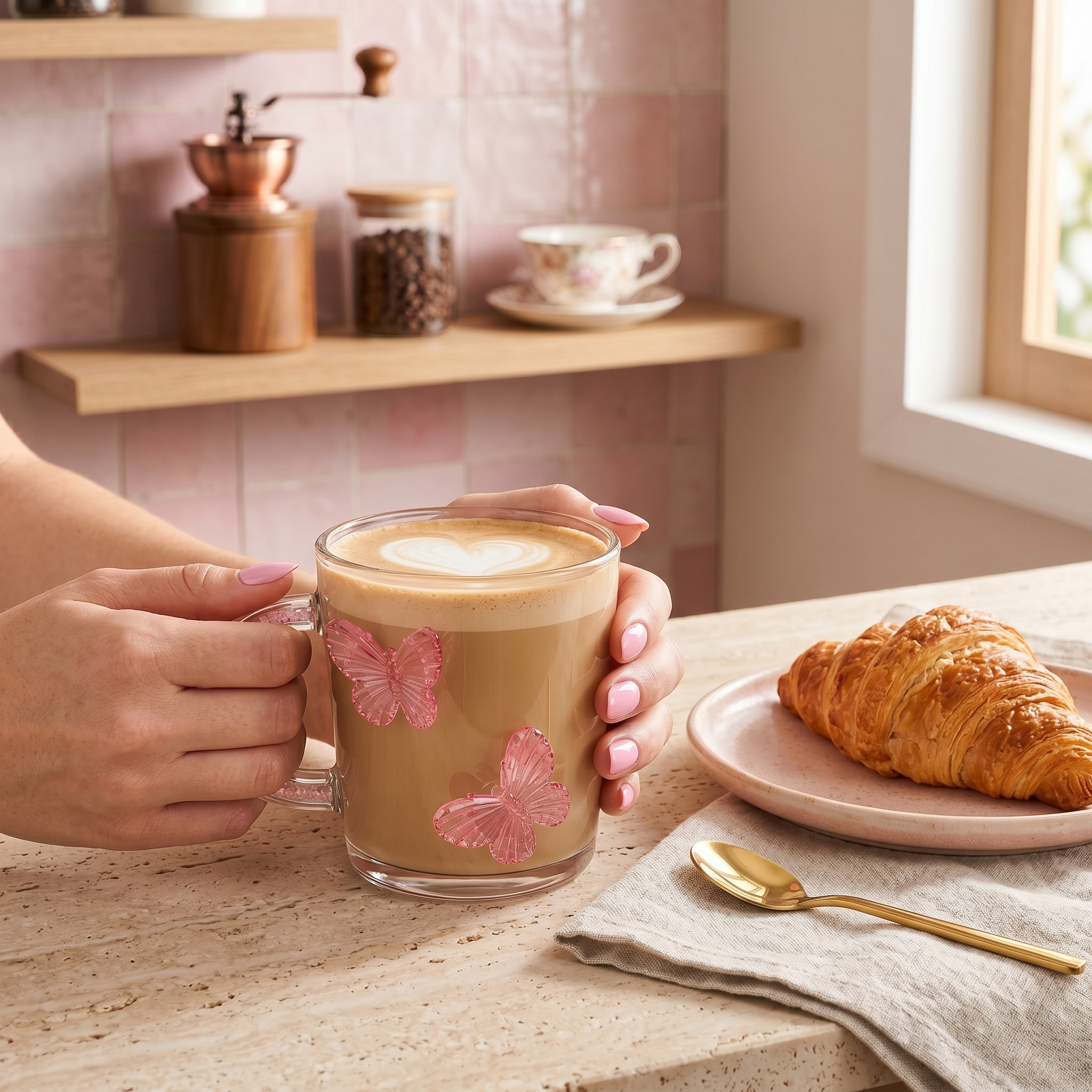 Mug Verre Papillon Tunisie | Tasse Café Cristal Rose | Fiolla Home