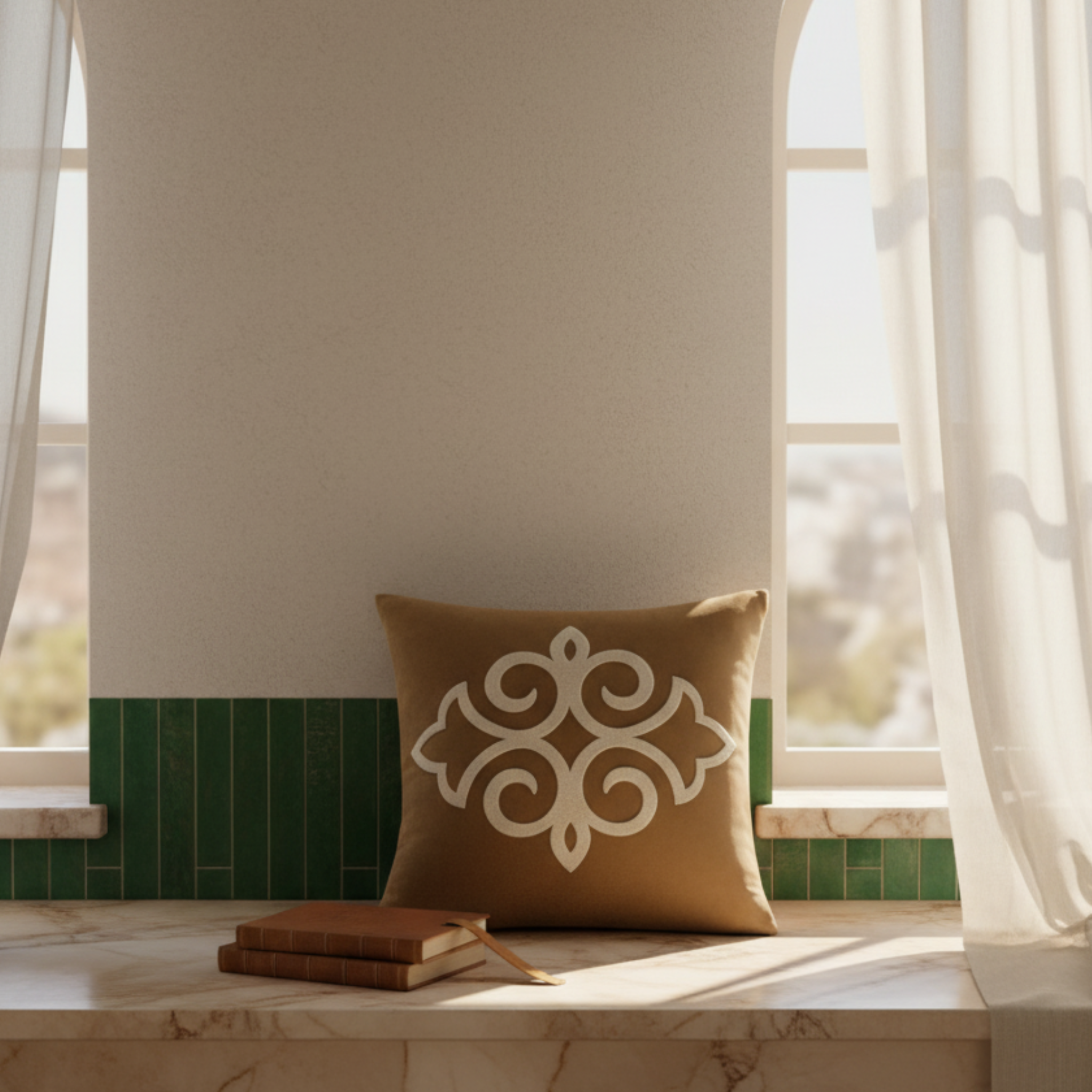 Coussin Beige Camel Tunisie – Volutes Arabesques | Fiolla Home