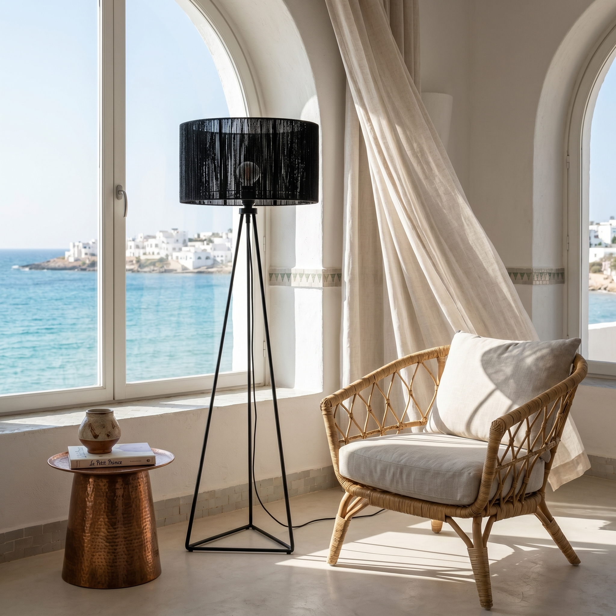 Lampadaire Trépied Noir | Abat-jour Fil de Coton | Fiolla Home