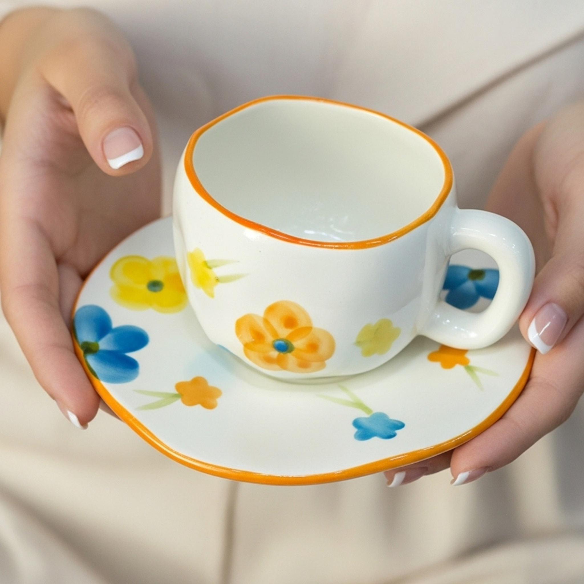 Tasse Fleurie Bord Orange – Élégance Colorée en Céramique Fiolla Home