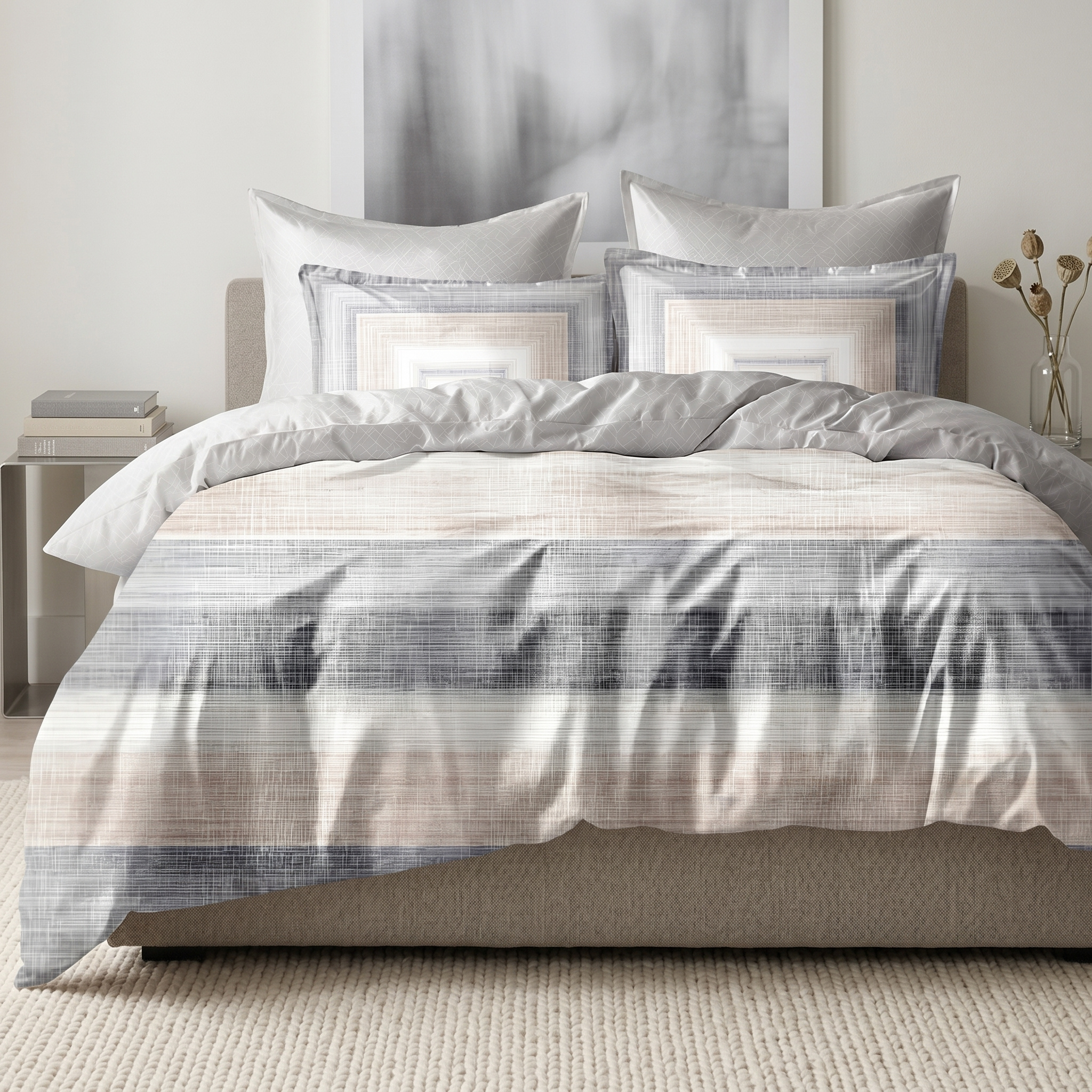 Ensemble Parure de Lit Satin Coton Rayures Texturées Gris Beige | Fiolla Home