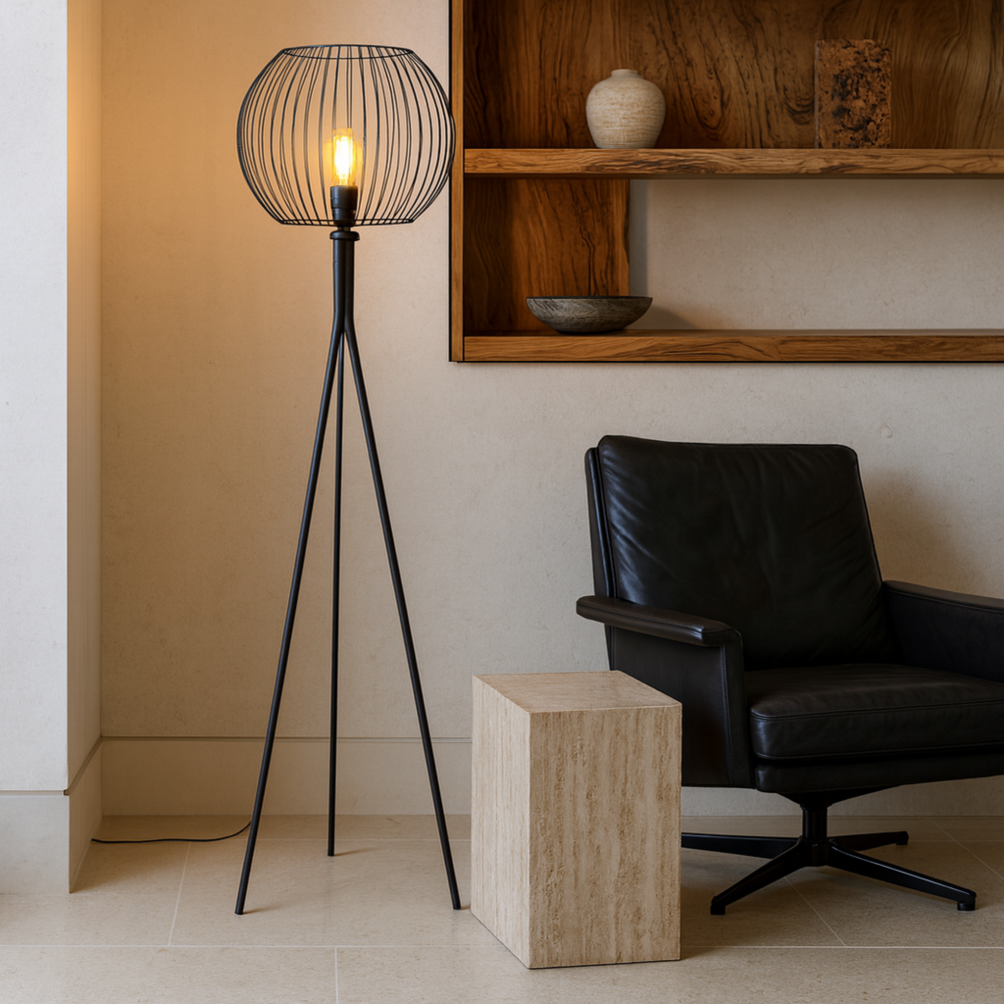 Lampadaire métallique noir sur trépied | Luminaire Tunisie | Fiolla Home