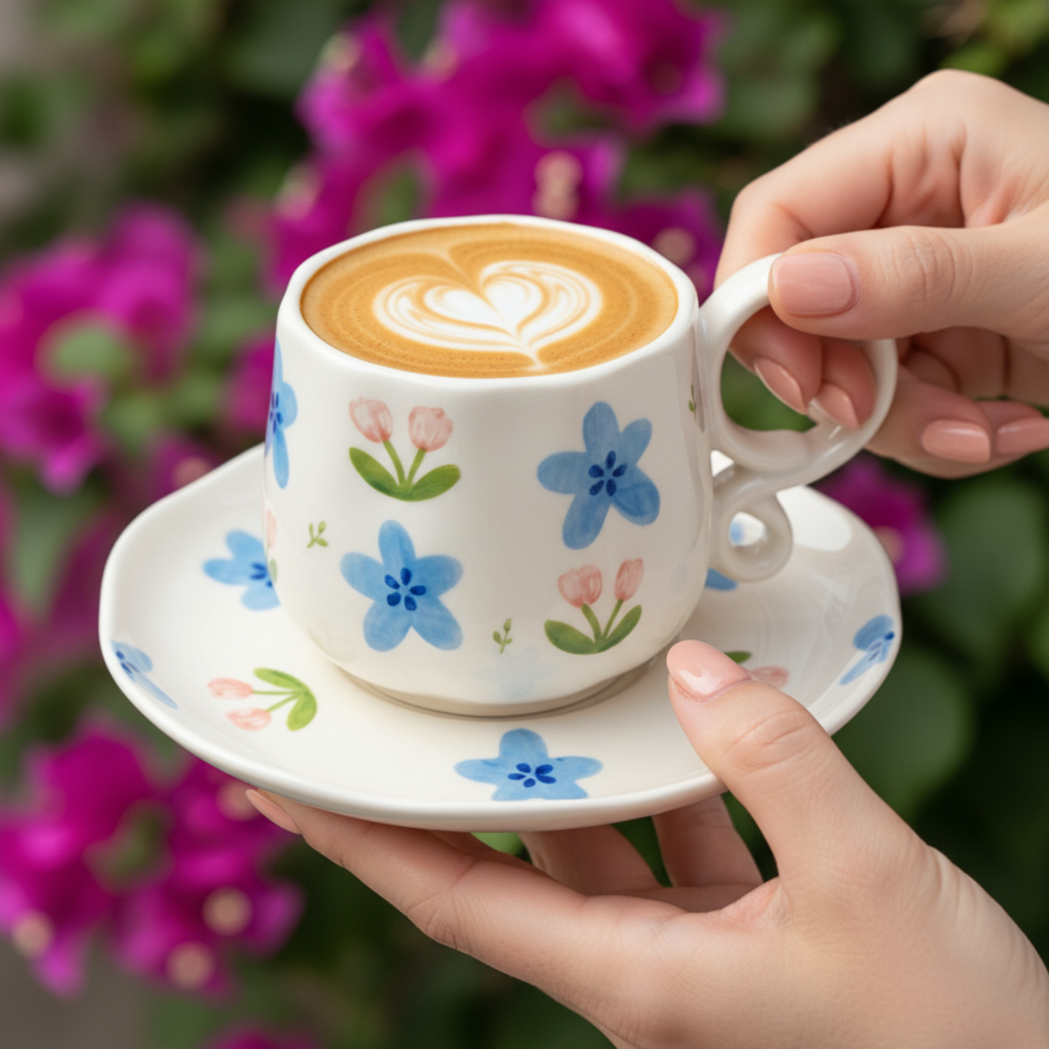 Tasse en Céramique Florale avec Soucoupe – Élégance Printanière