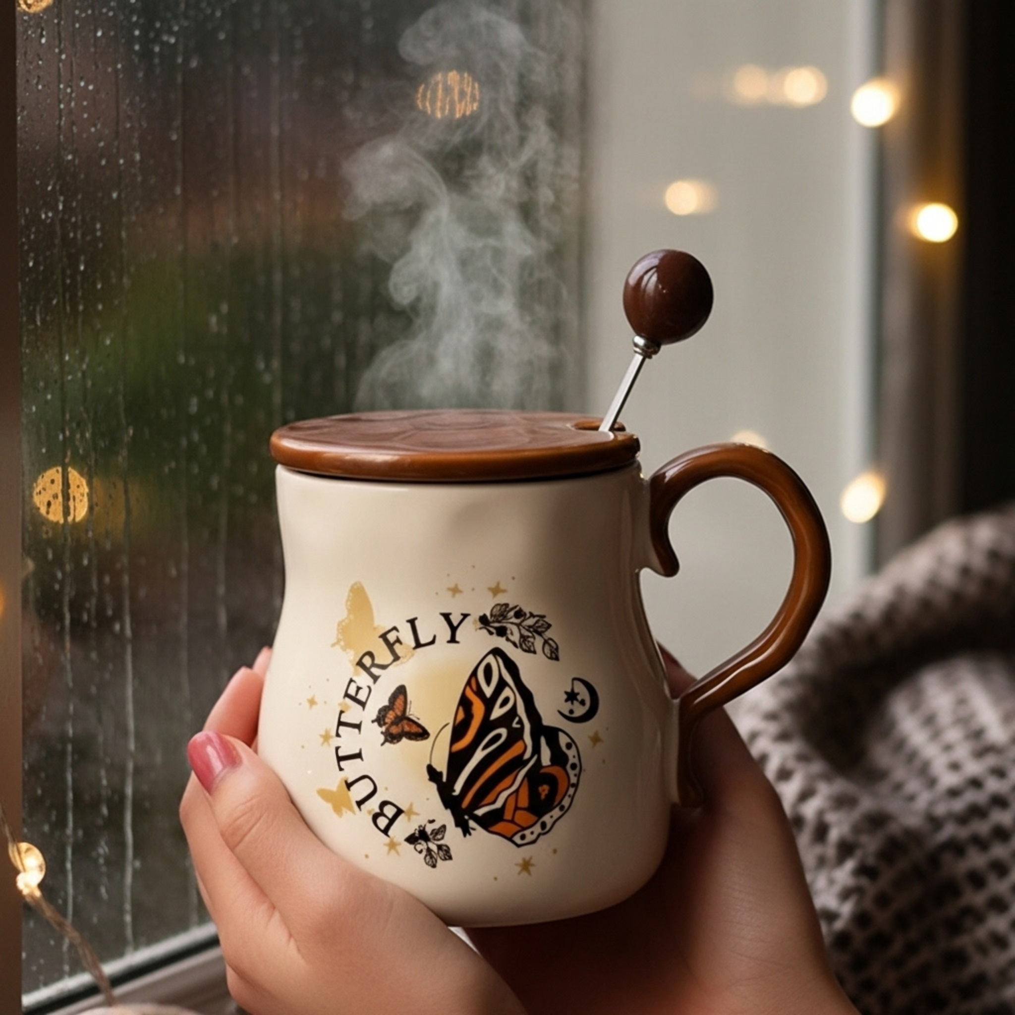 Mug Butterfly Bohème – Céramique Crème, Couvercle Caramel