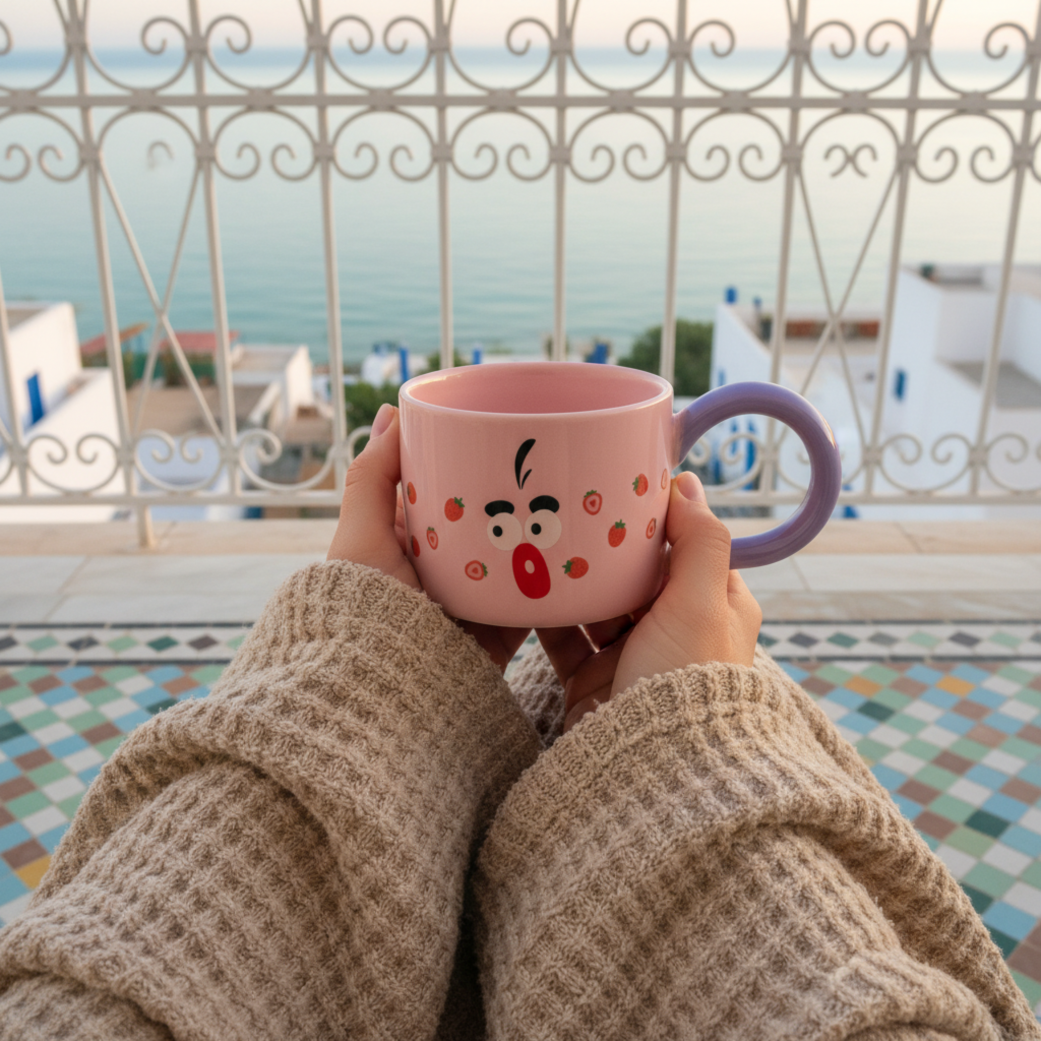 Mug Rose "Visage Surpris" & Fraises – Tasse Céramique Originale Tunisie