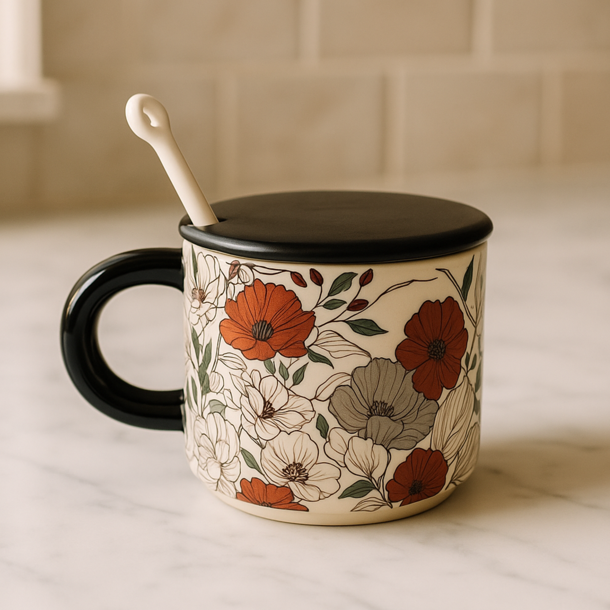 Mug avec Couvercle et Cuillère | Design Floral Élégant | Fiolla Home