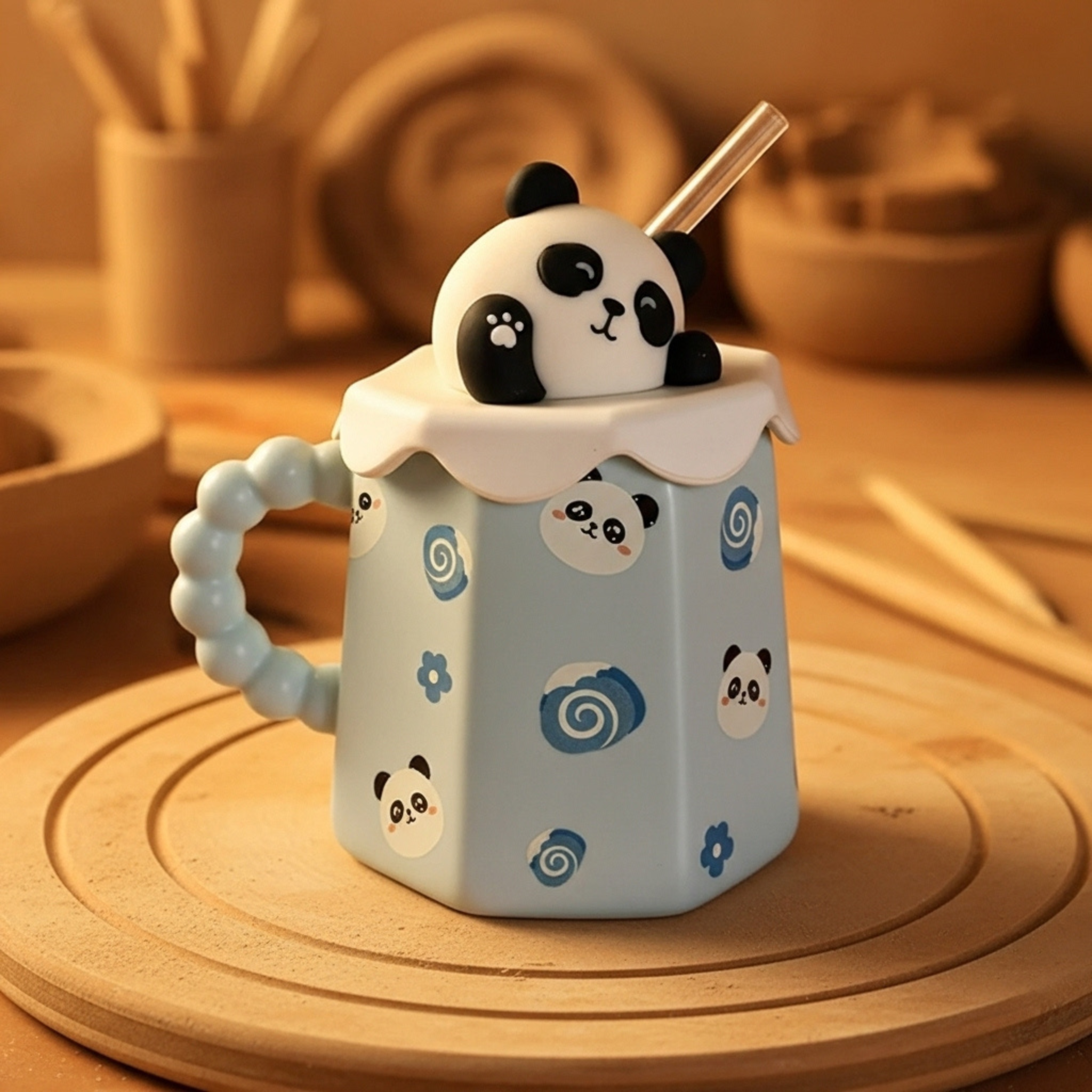 Mug Panda Bleu avec Paille – Couvercle 3D & Poignée Perlée