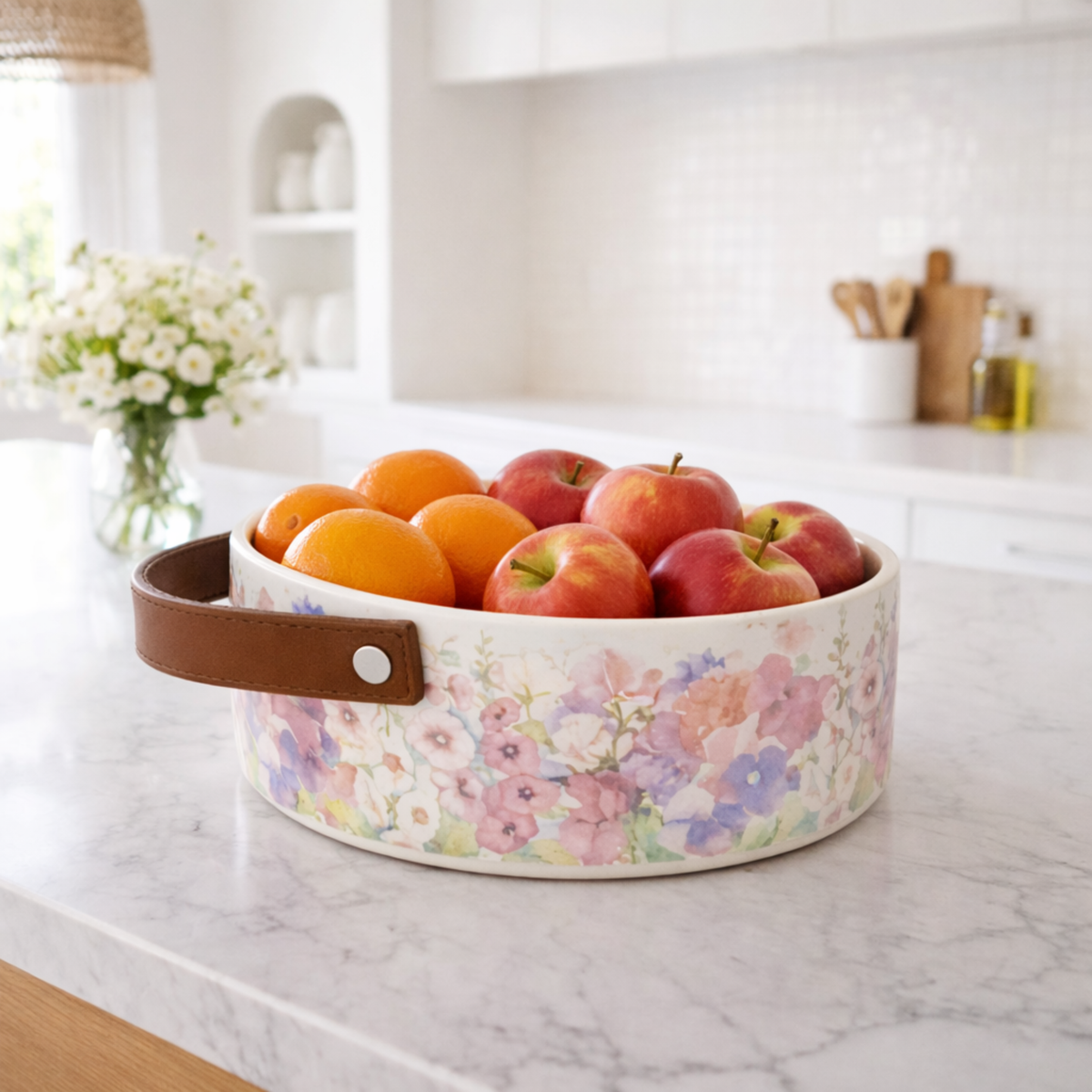 Corbeille à Fruits en Céramique Florale avec Anse Cuir - Élégance