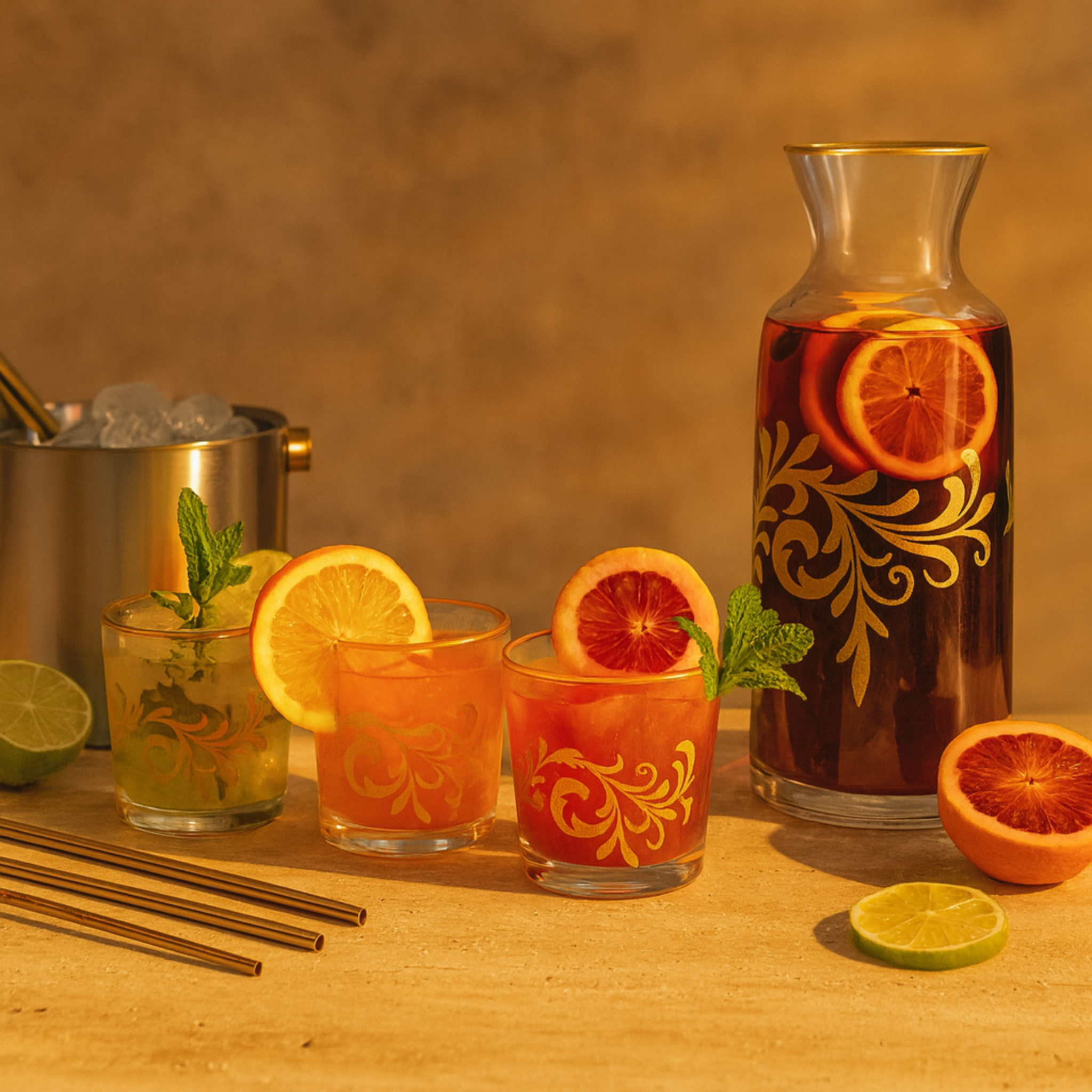 Service Eau/Jus Cristal Doré | Carafe + 6 Verres | Fiolla Home