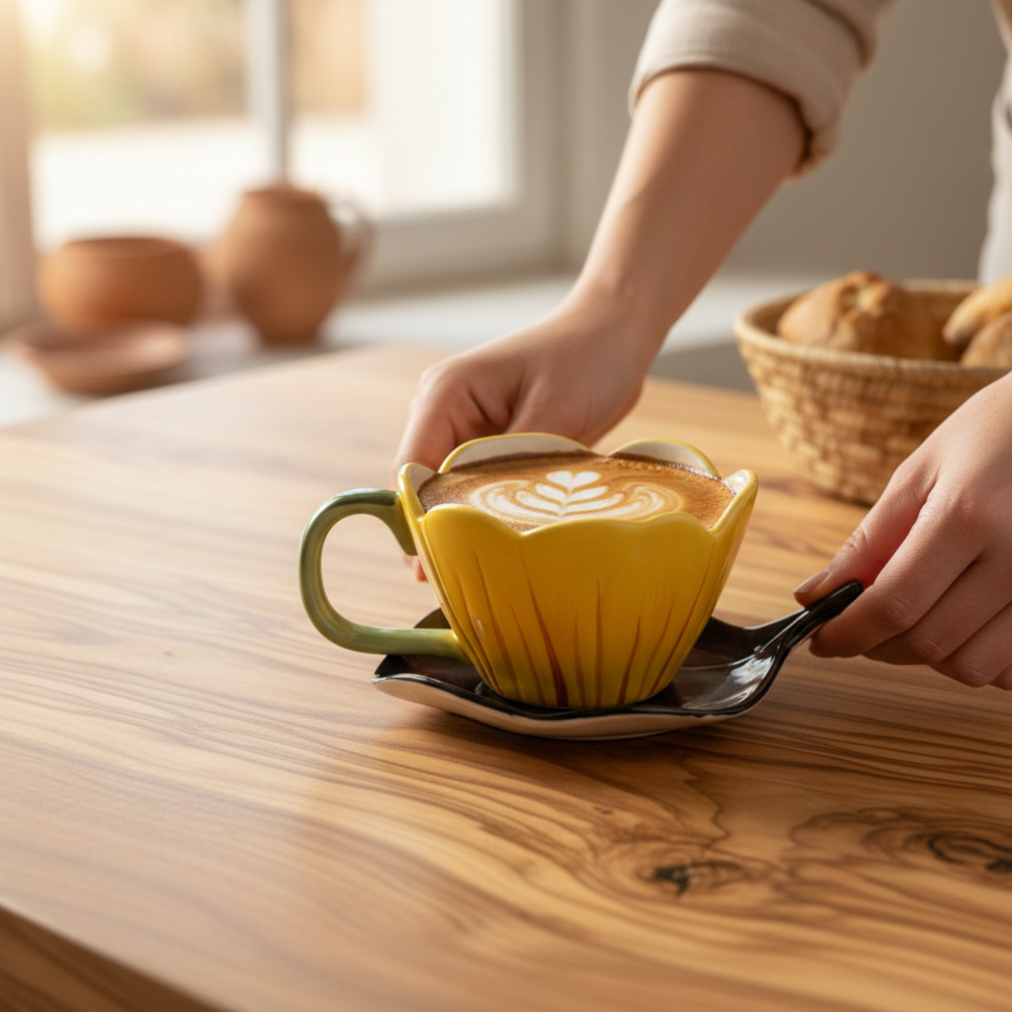 Mug Fleur en Céramique avec Sous-Tasse – Style Bohème Tunisie