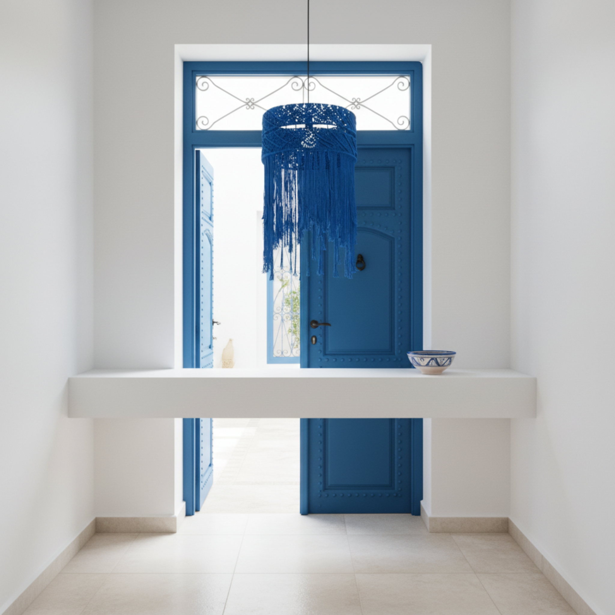 Suspension Macramé Bleu Royal | Franges Coton Bohème | Tunisie