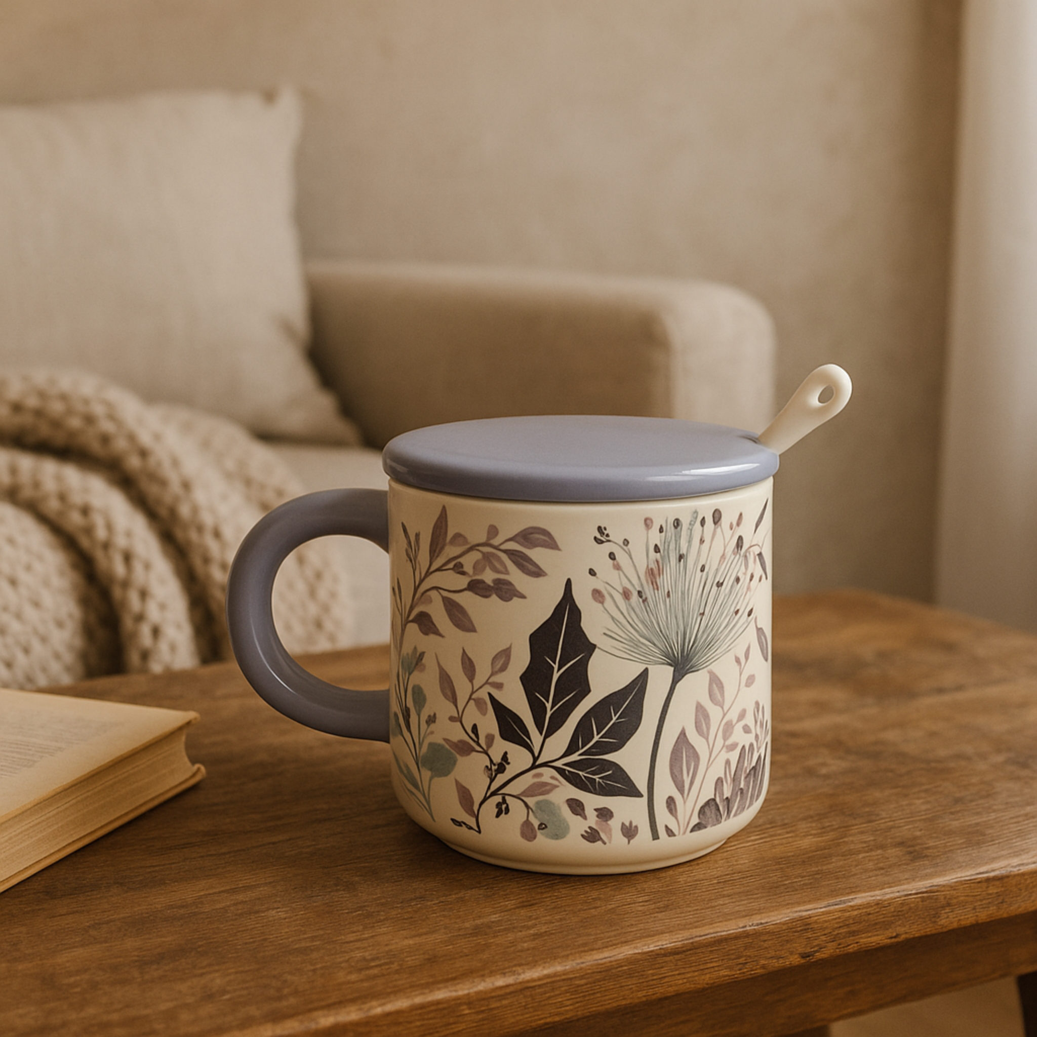 Mug avec Couvercle et Cuillère | Design Floral Élégant | Fiolla Home