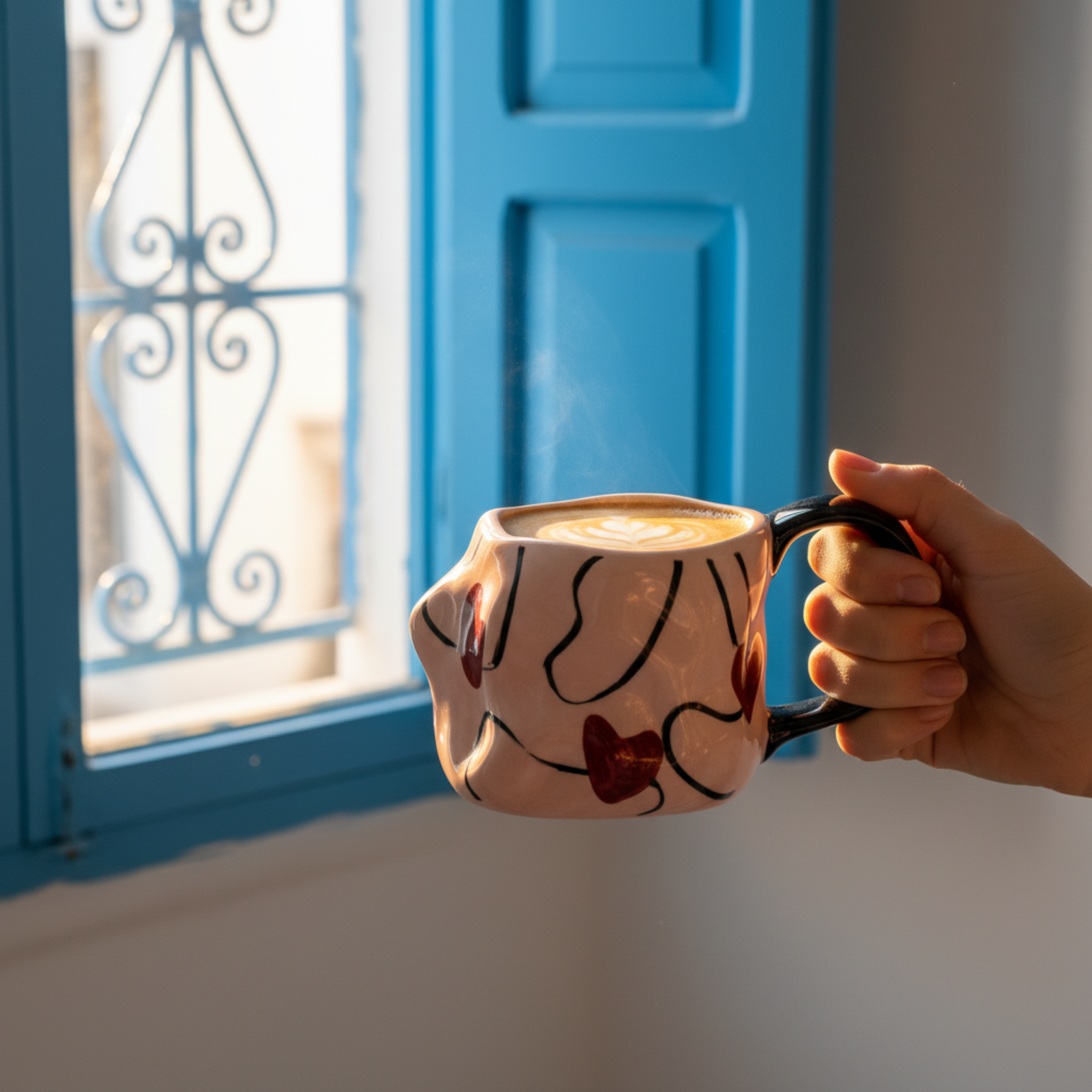 Mug Rose à Cœurs en Céramique – Anse Noire, Design Moderne Tunisie