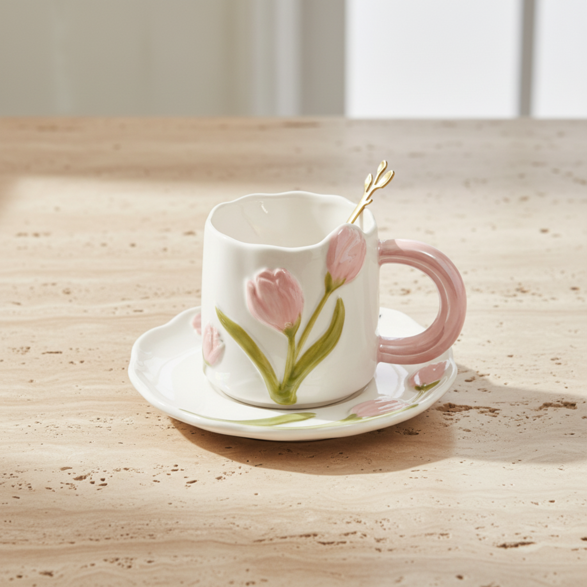 Mug Tulipe Rose en Céramique avec Sous-Tasse – Édition Élégante