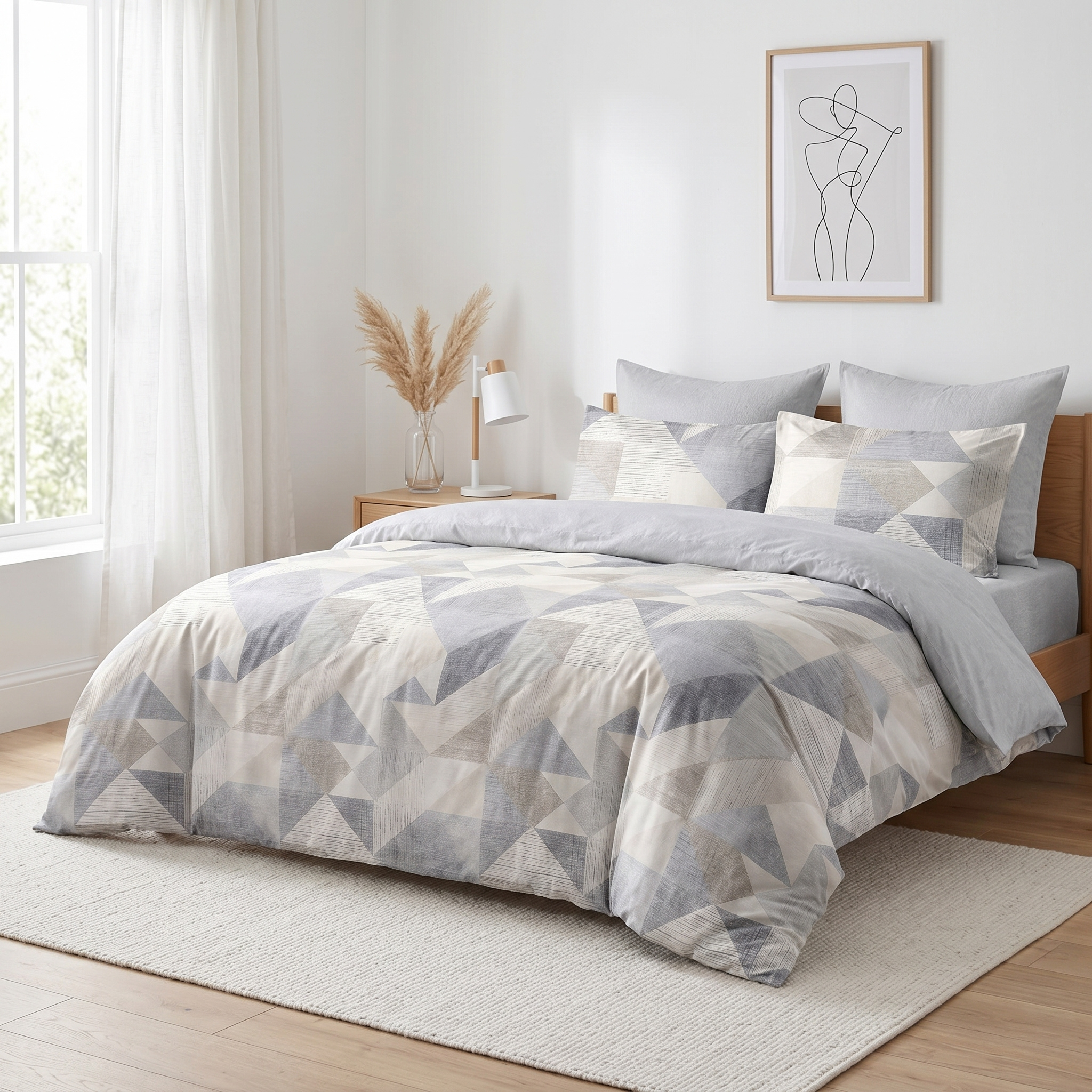 Ensemble Parure de Lit Satin Coton Motif Triangles Bleu Gris | Fiolla Home