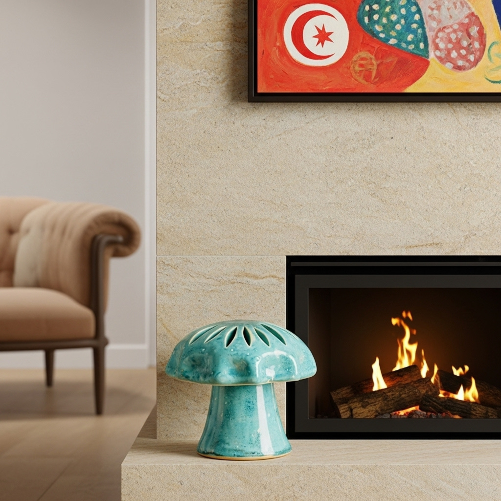 Cache-bougie Champignon en céramique turquoise – Style tunisien