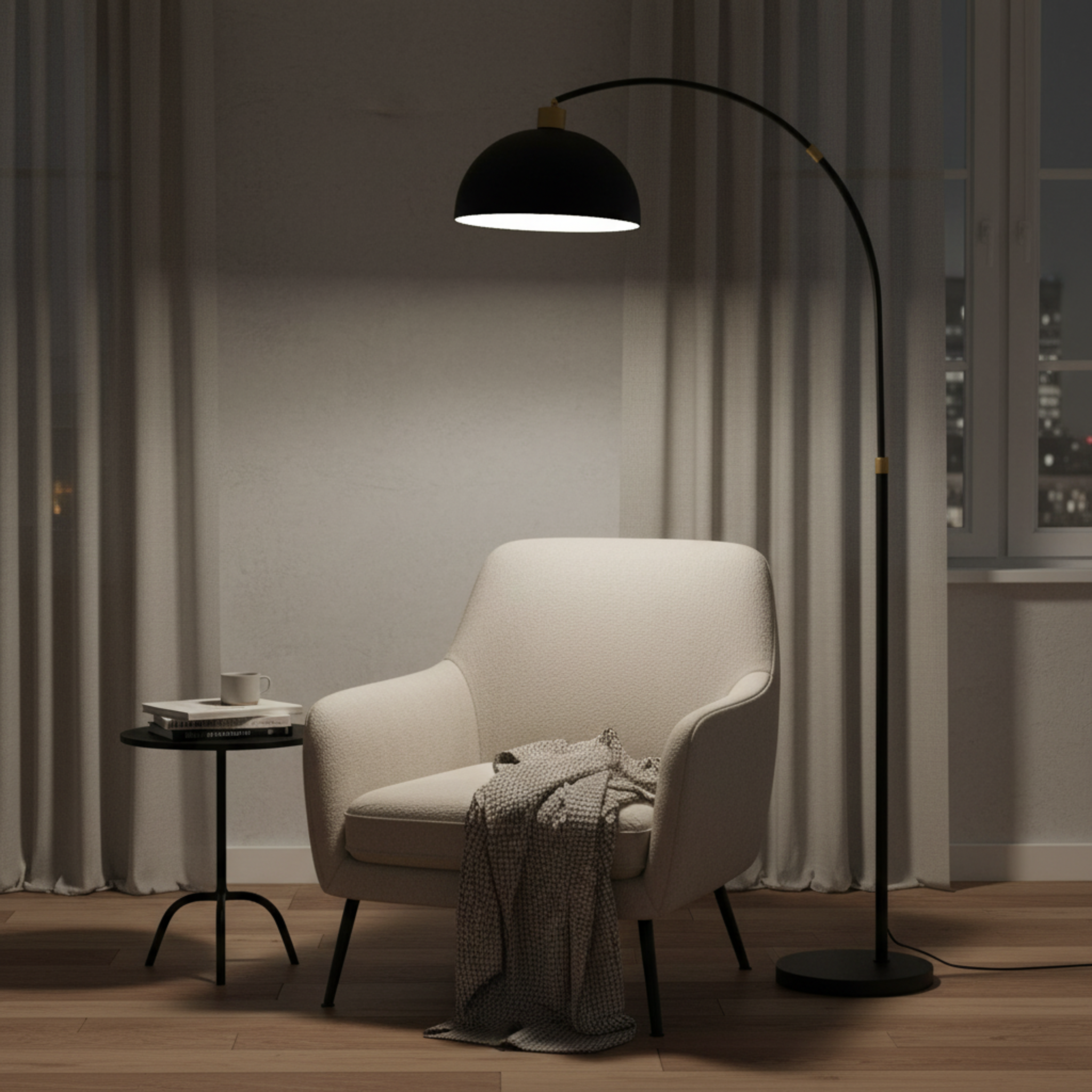 Lampadaire Arc Noir Moderne avec Détails Dorés – Élégance Design
