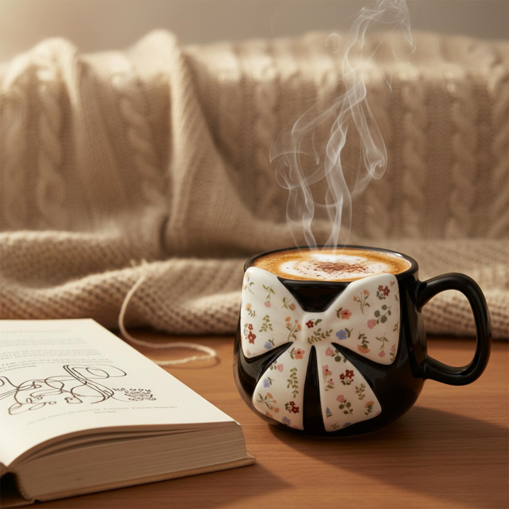 Mug Céramique Noir & Nœud Floral – Tasse Design Chic & Tendance