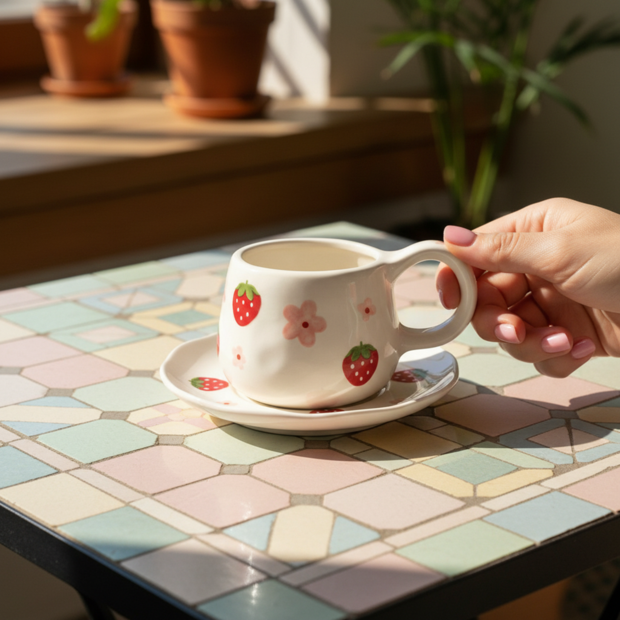 Tasse Céramique Motif Fraise & Soucoupe – Design Floral Tendance