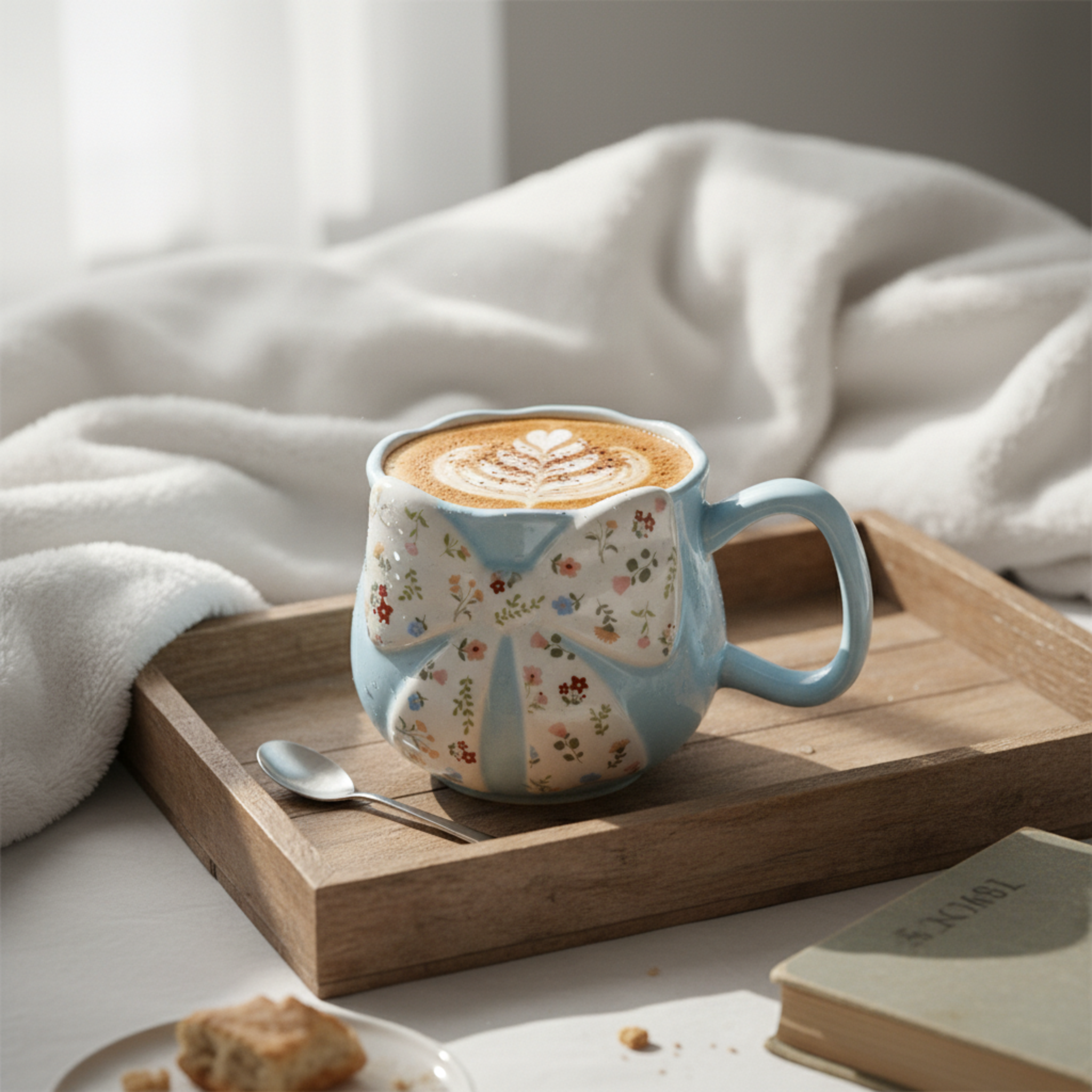 Mug Céramique Bleu Pastel & Nœud Floral – Tasse "Coquette" Tendance