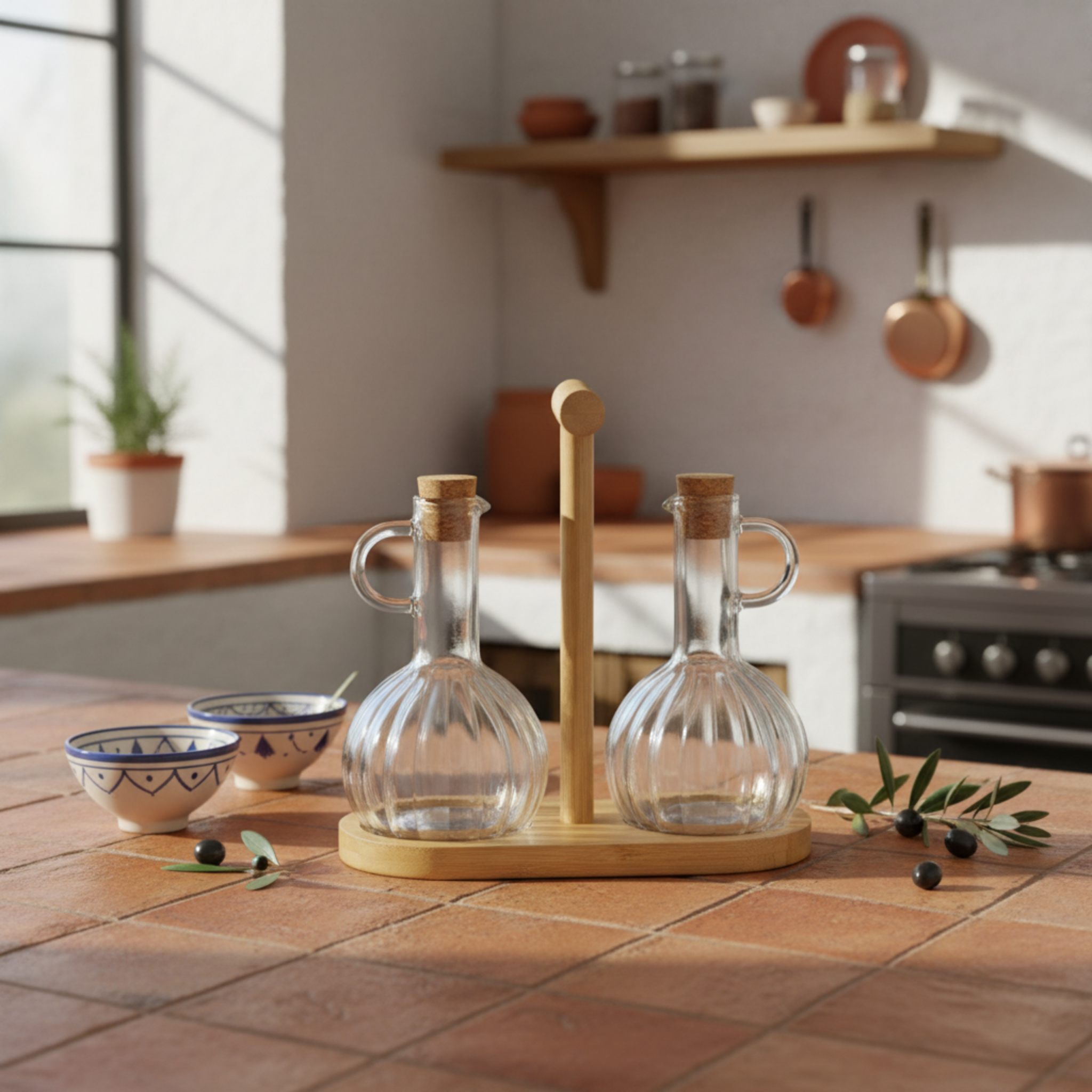 Duo Huilier & Vinaigrier en Verre avec Support Bois – Style Tunisien