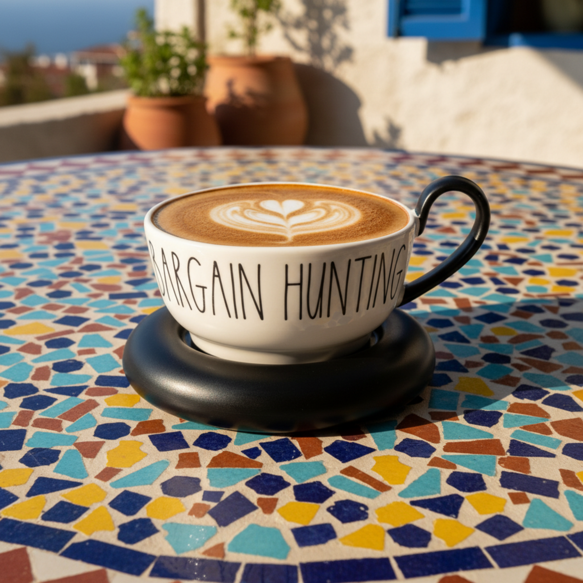 Tasse Large "Bargain Hunting" Noir et Blanc avec Soucoupe Design