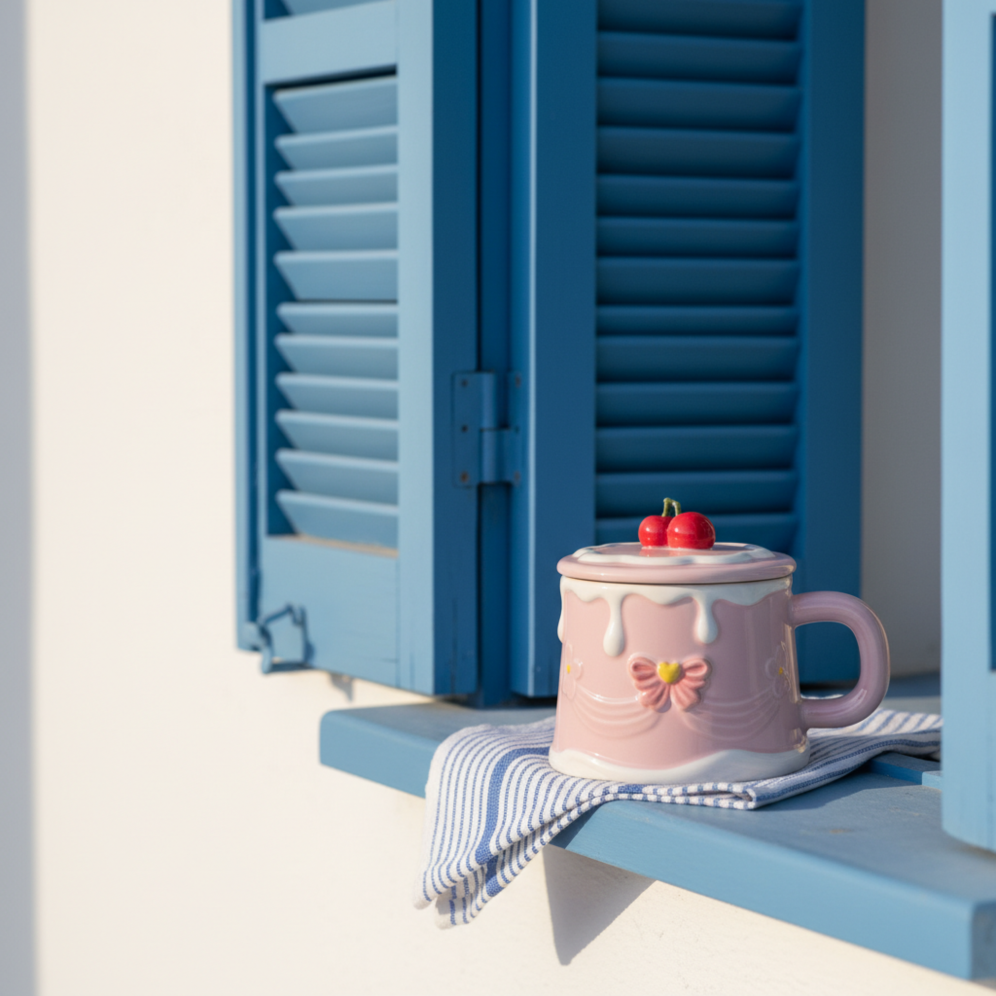 Mug Gâteau Rose Pastel avec Couvercle Cerise – Style Coquette & Cadeau