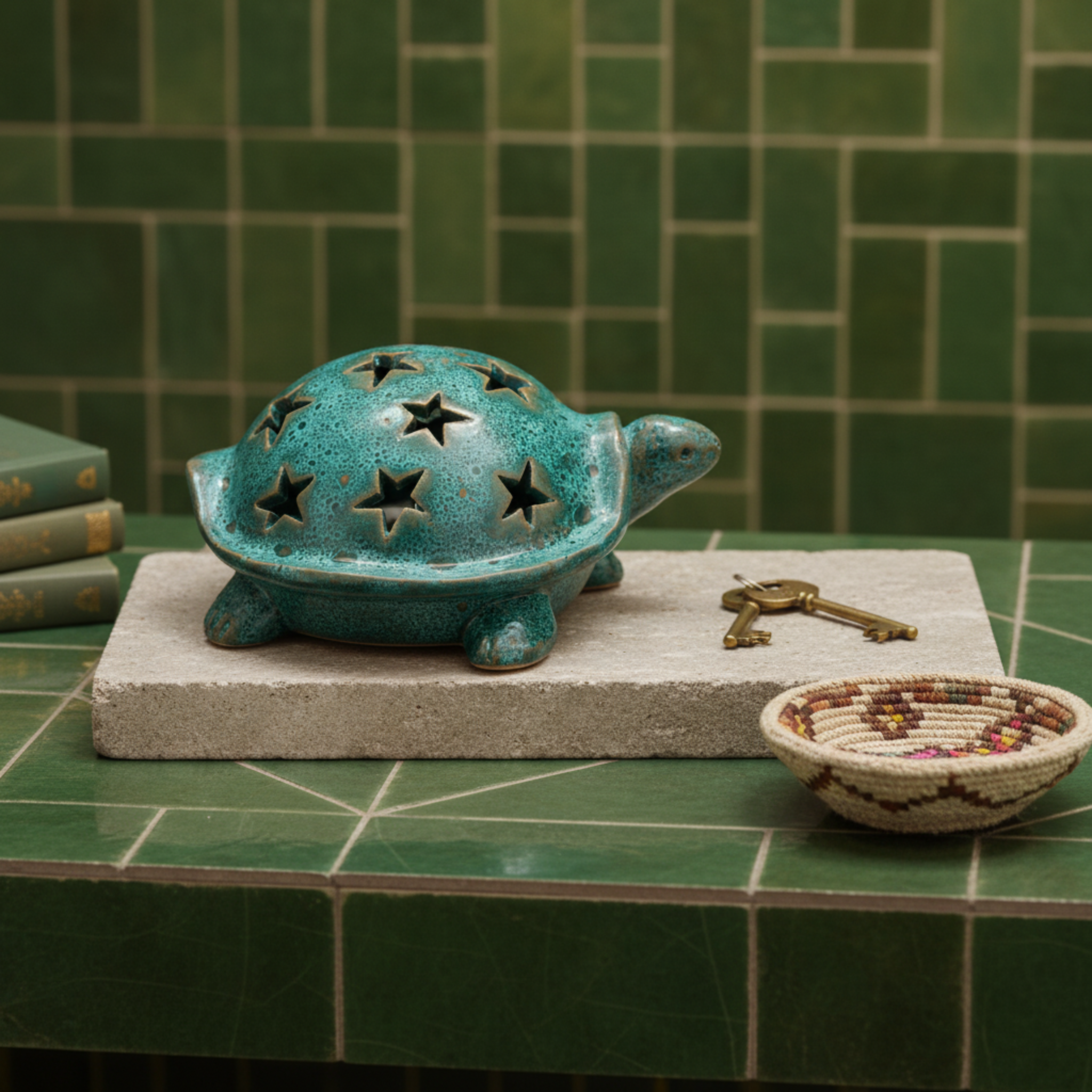 Tortue en céramique émaillée ajourée – Étoiles, style méditerranéen