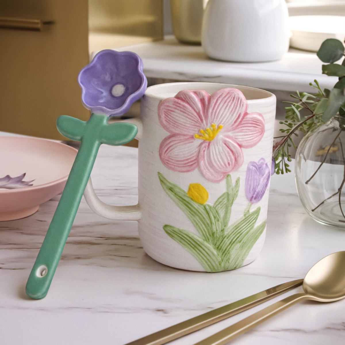 Mug Fleurs Céramique | Cuillère Fleur & Design Élégant | Fiolla Home