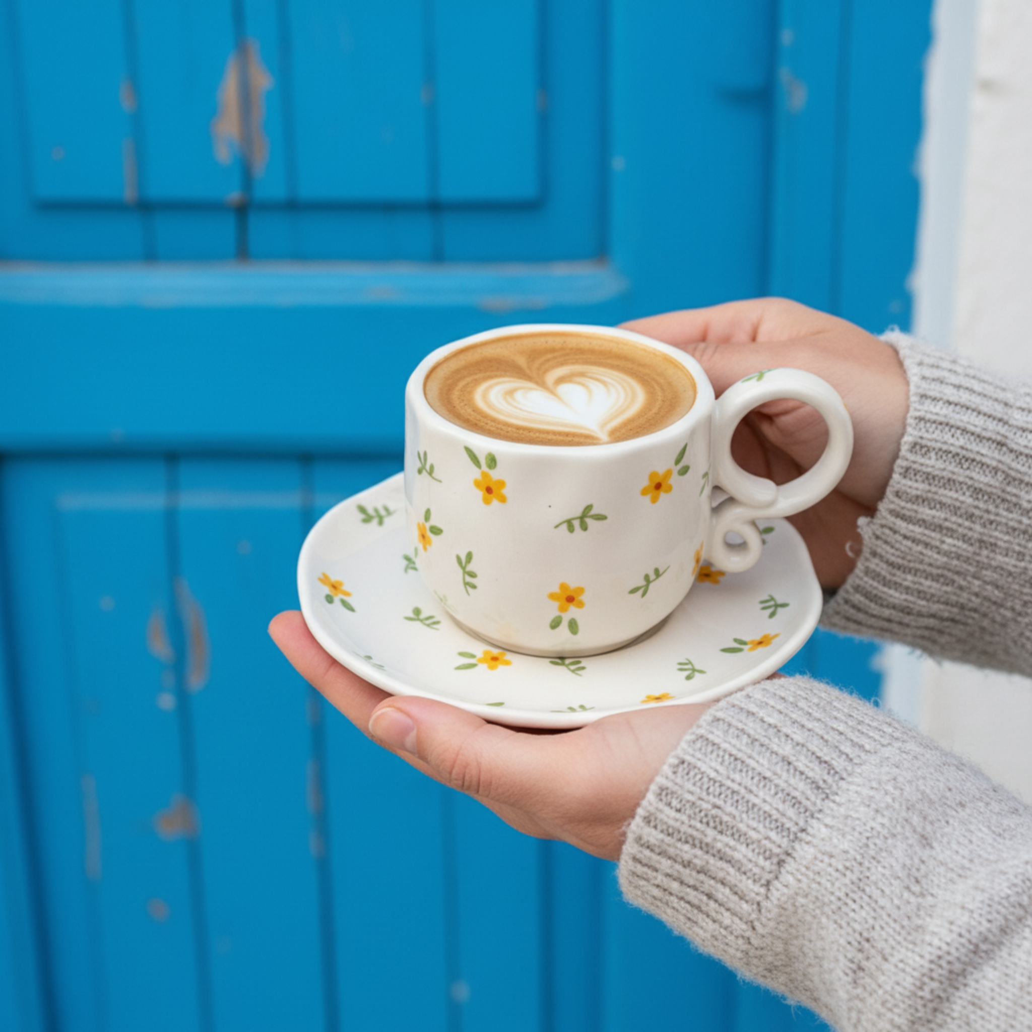 Tasse à Café Céramique Motif Floral Jaune – Style Estival Méditerranéen