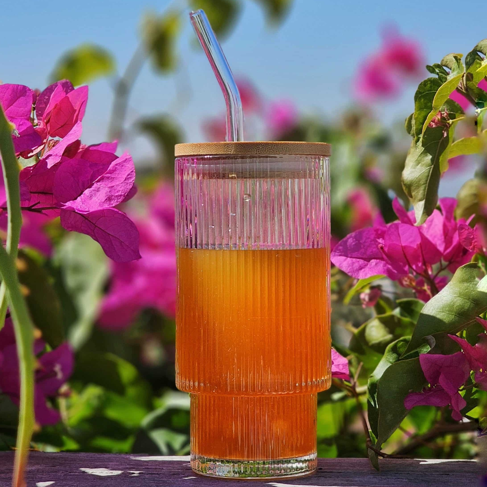 Verre Strié avec Paille en Verre et Couvercle Bois | Élégance Moderne | Fiolla Home