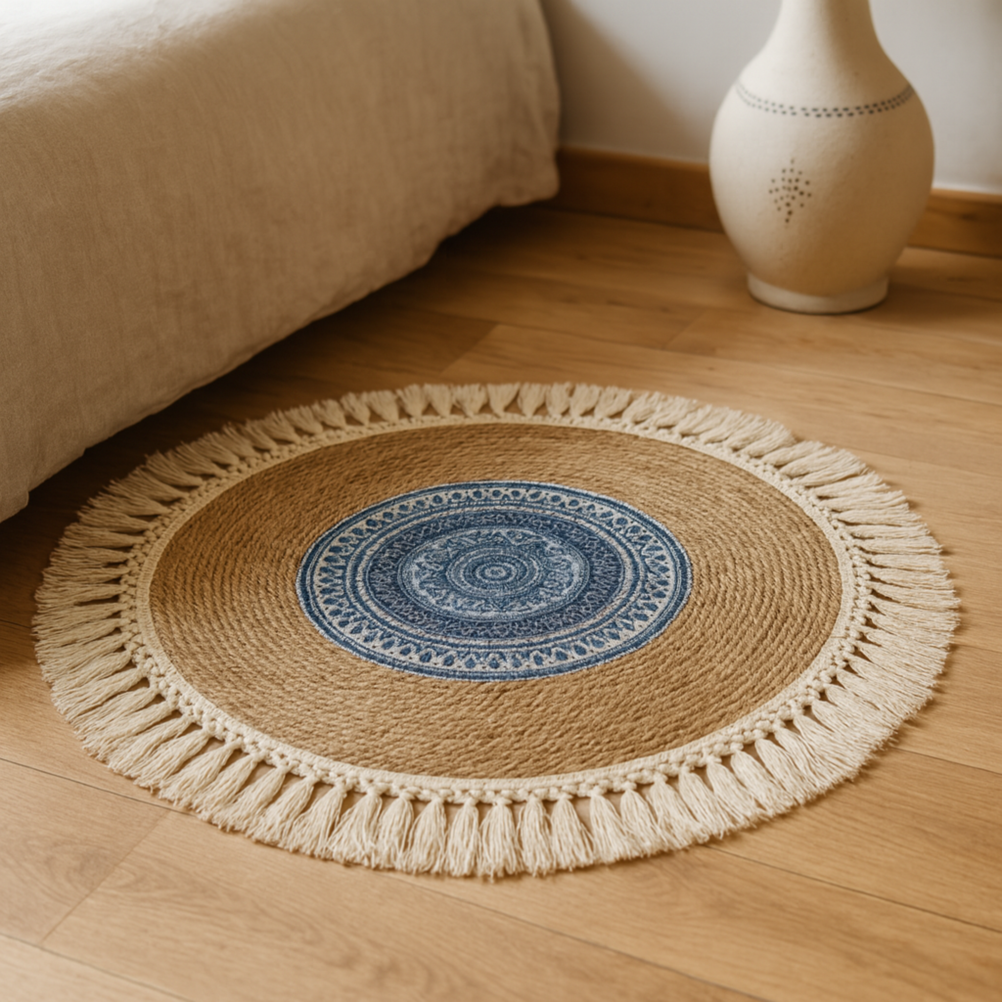 Tapis rond jute mandala bleu à franges | Tunisie | Fiolla Home