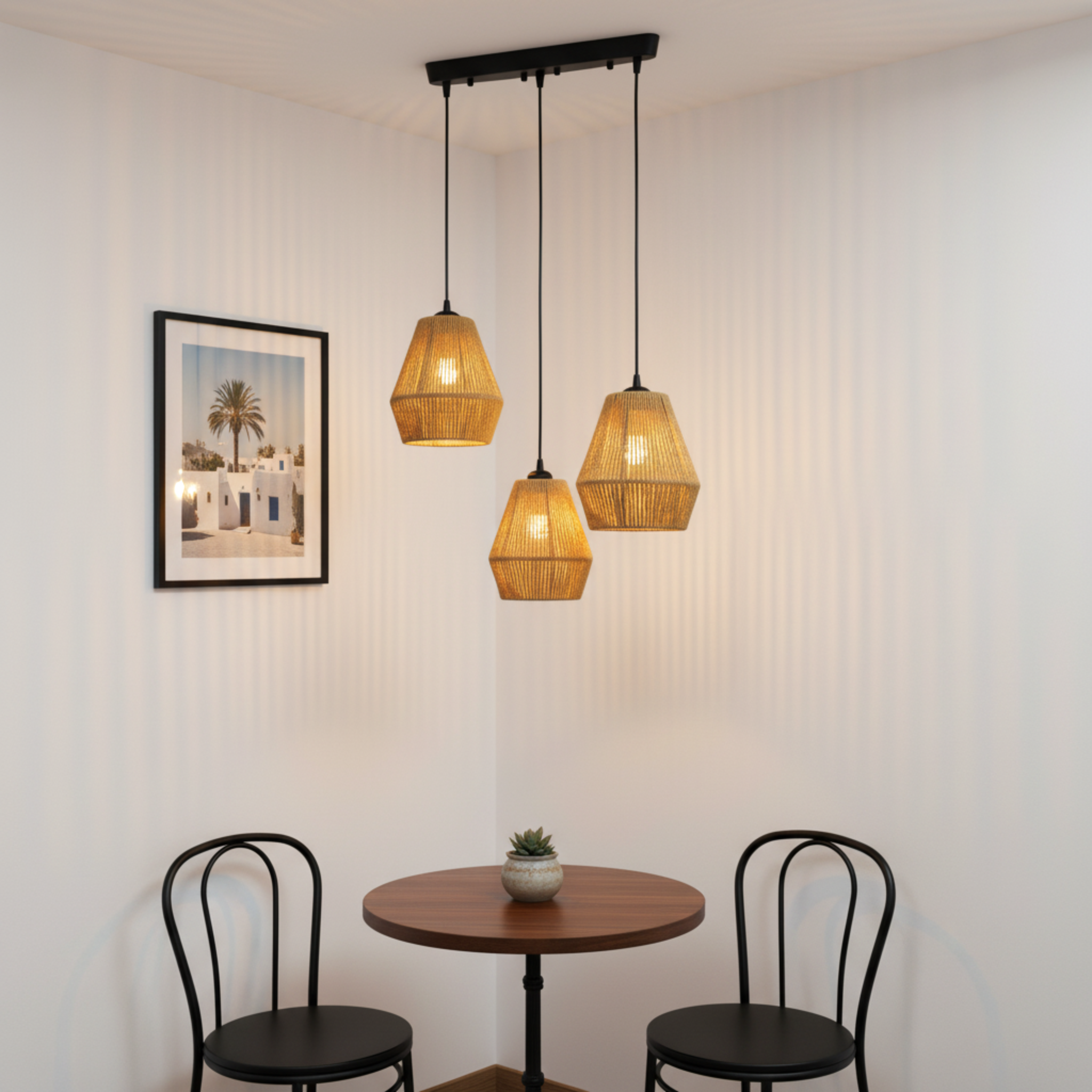 Suspension Barre 3 Lampes "Trio" – Lustre en Jute Tressé pour Îlot