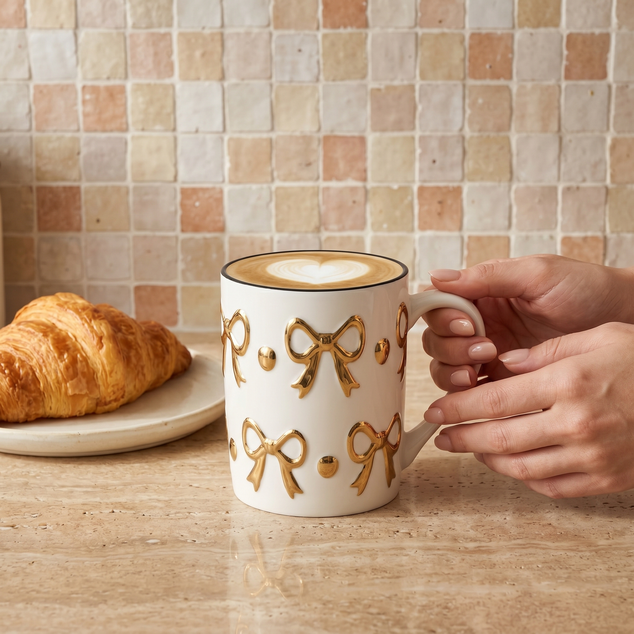 Mug Céramique Nœud Doré Tunisie | Tasse Café Luxe | Fiolla Home