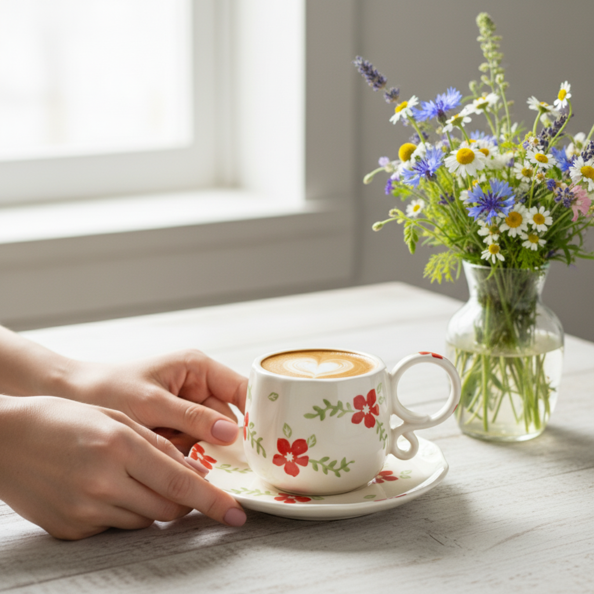 Tasse à Café en Céramique Motif Fleurs Rouges & Soucoupe – Design Chic