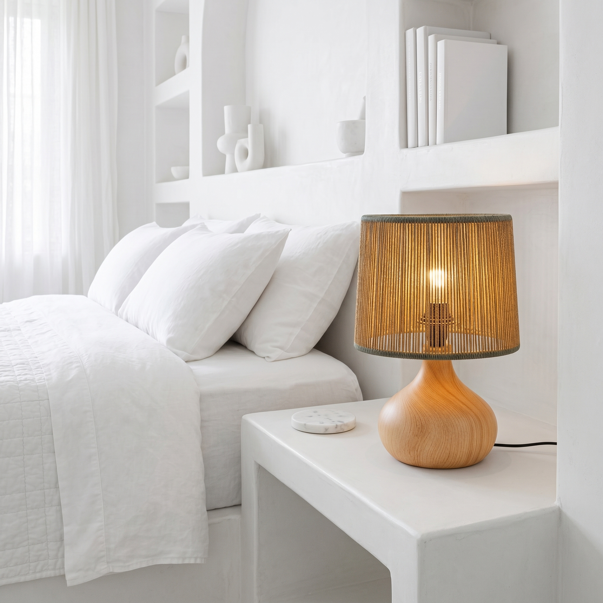 Lampe à Poser Boho | Design Jute & Bois Fait Main | Fiolla Home