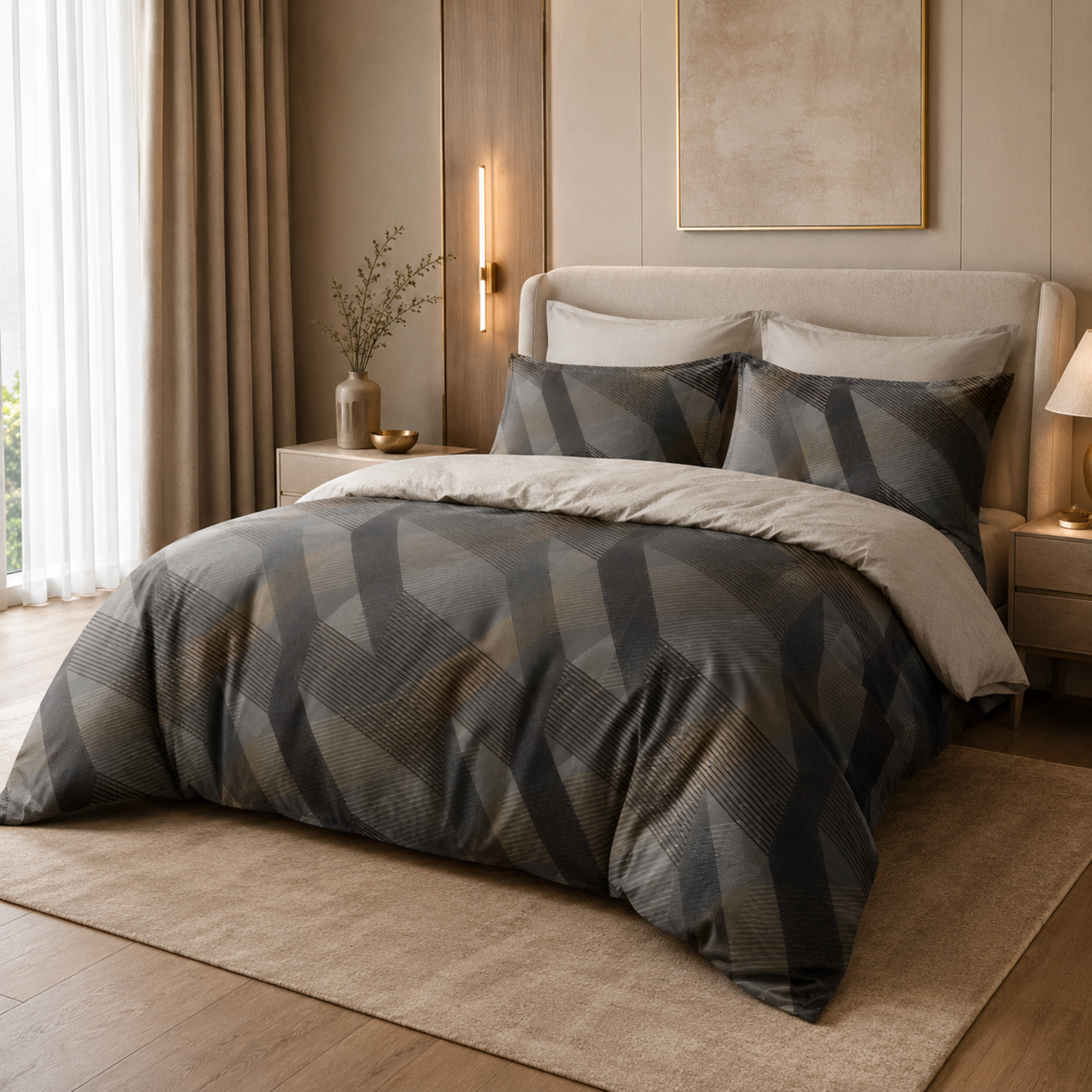 Parure de Lit Complète Satin Coton Motif Géométrique | Fiolla Home