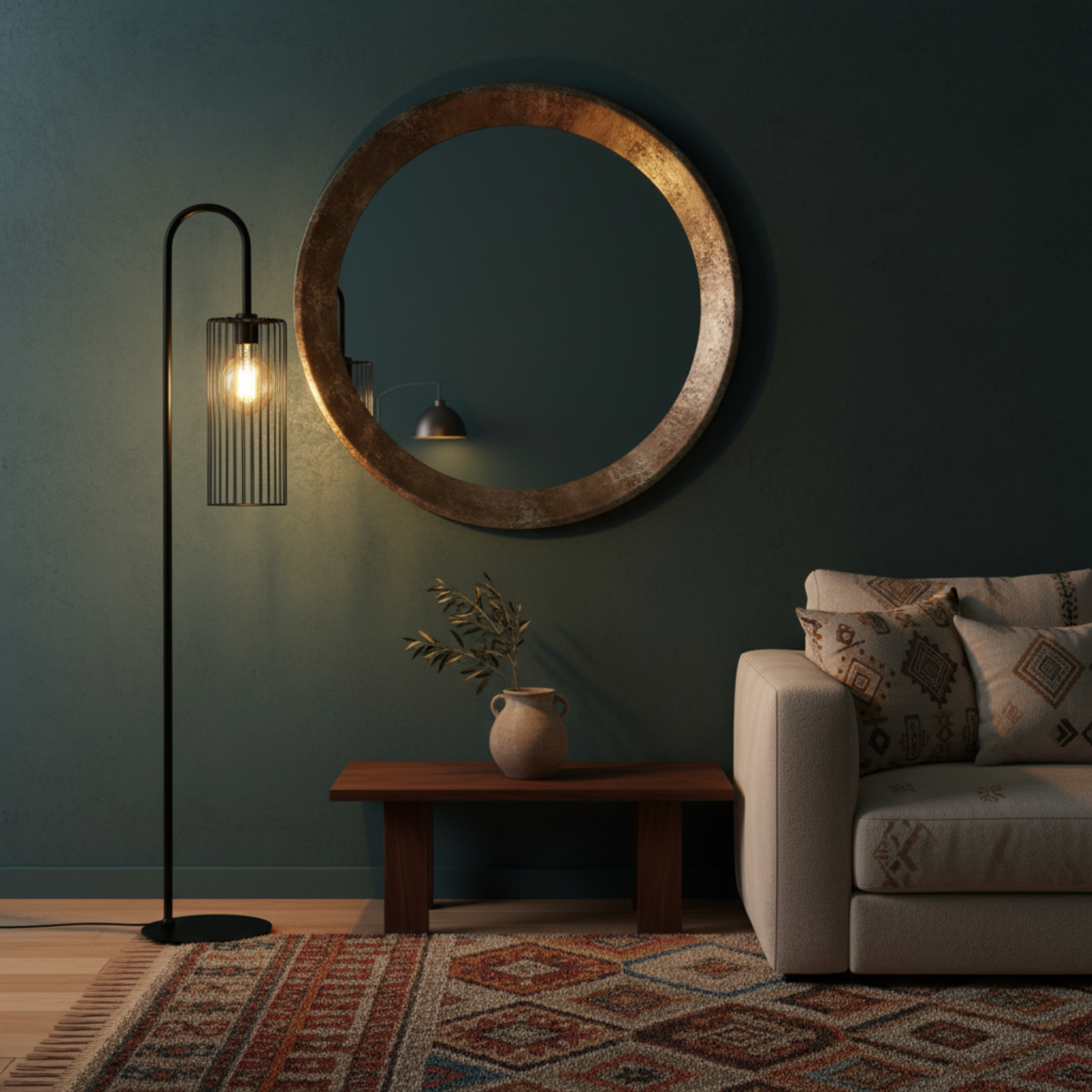 Lampadaire Trépied Métal Noir & Abat-Jour Effet Tweed – Design Moderne