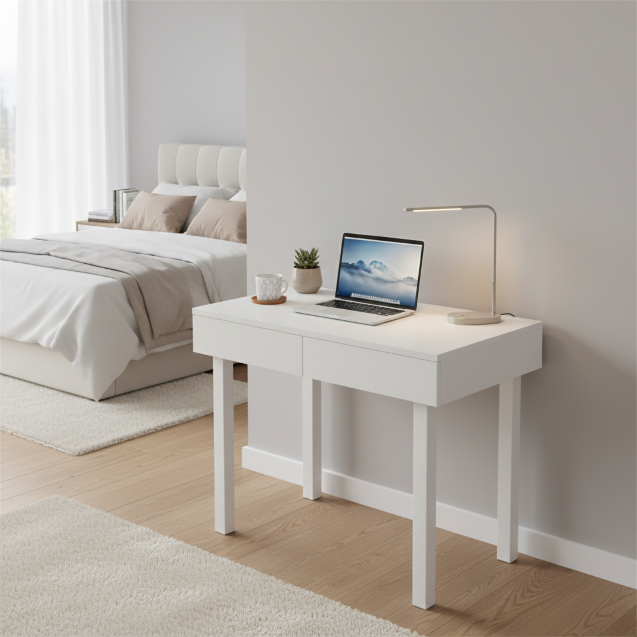 Coiffeuse Bureau 2-en-1 : Miroir LED & Rangement Spacieux - Blanc