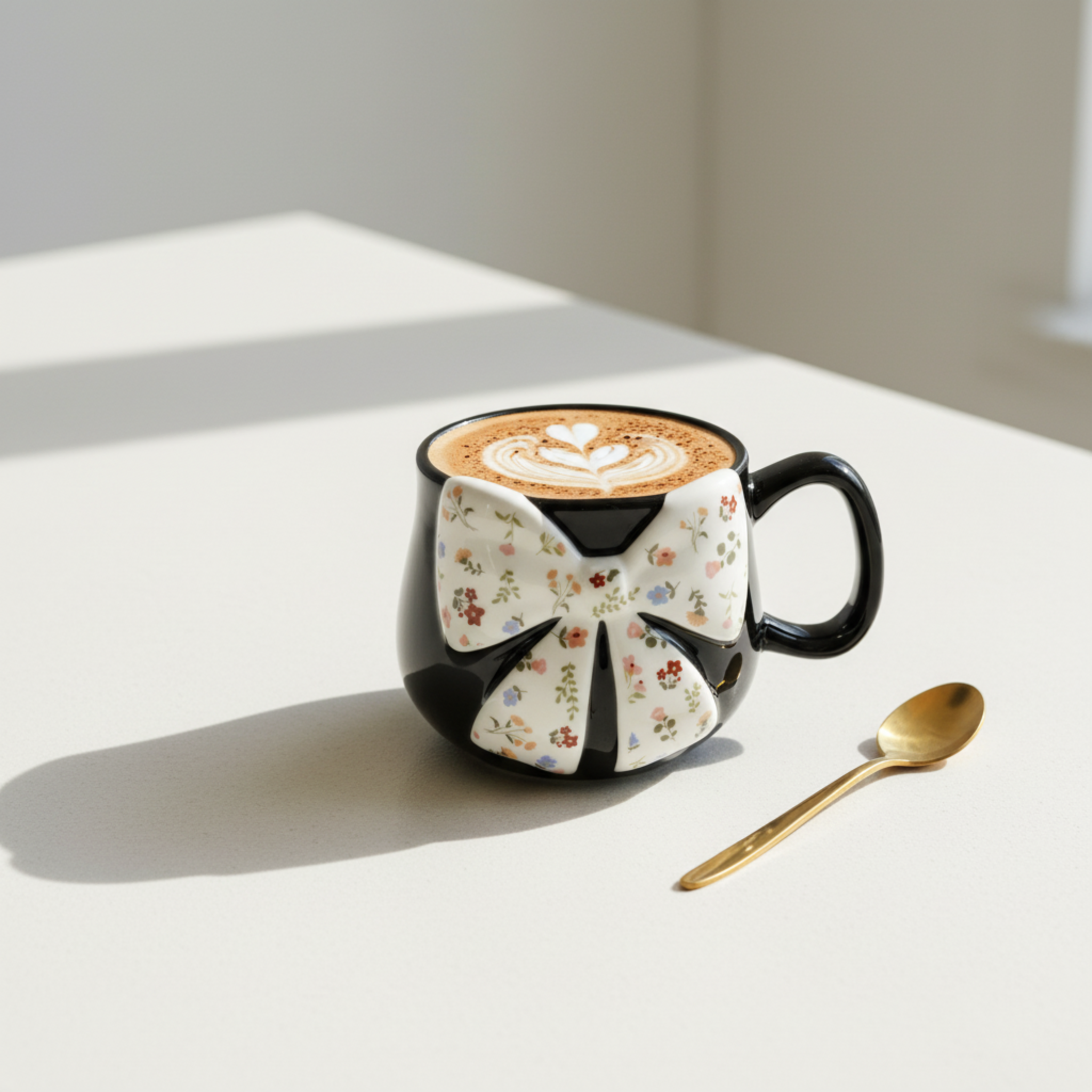 Mug Céramique Noir & Nœud Floral – Tasse Design Chic & Tendance