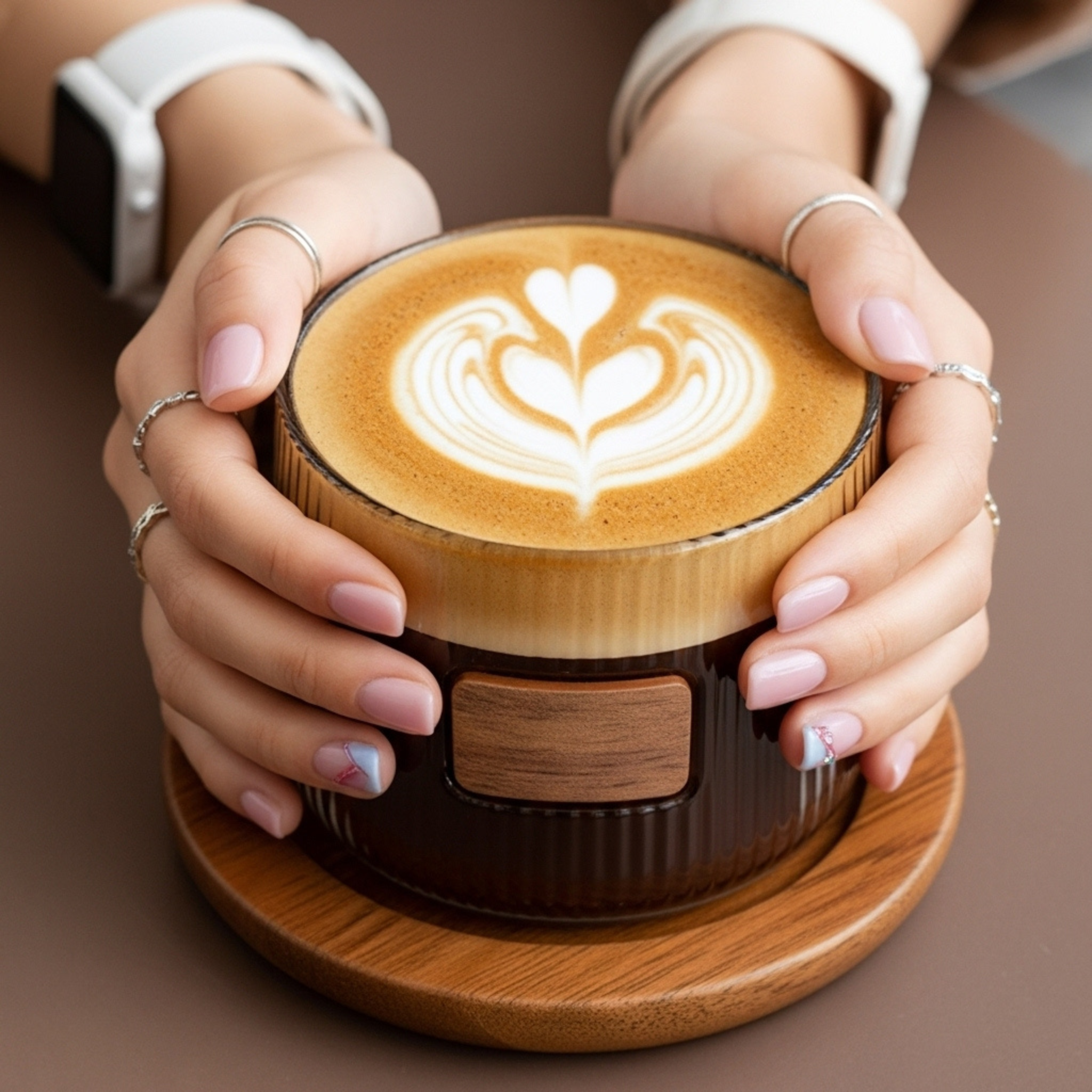 Tasse en verre nervuré avec anse bois & soucoupe – Style moderne