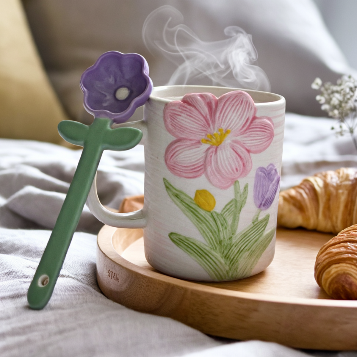 Mug Fleurs Céramique | Cuillère Fleur & Design Élégant | Fiolla Home