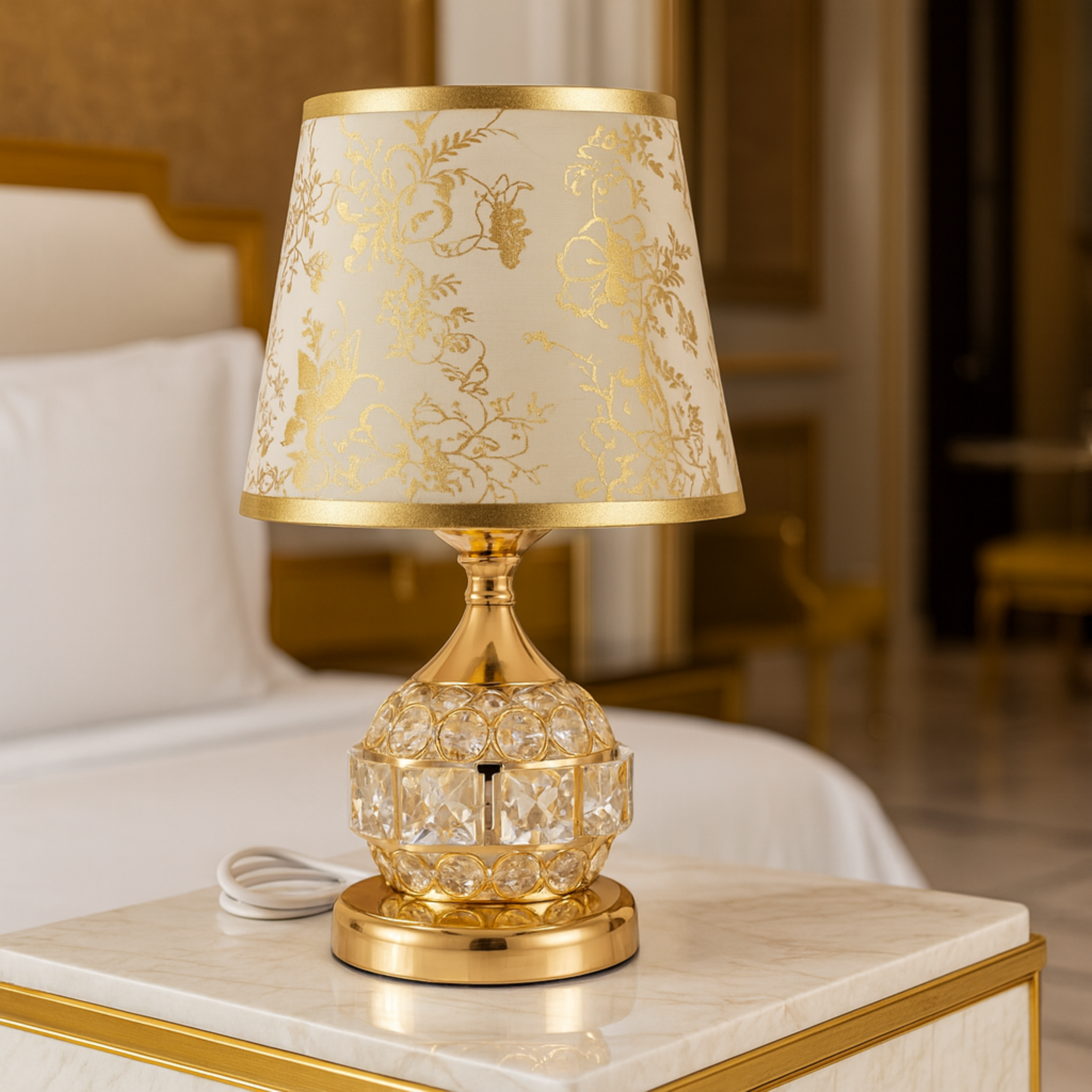 Lampe de Chevet Dorée avec Abat-jour Floral et Base Cristal