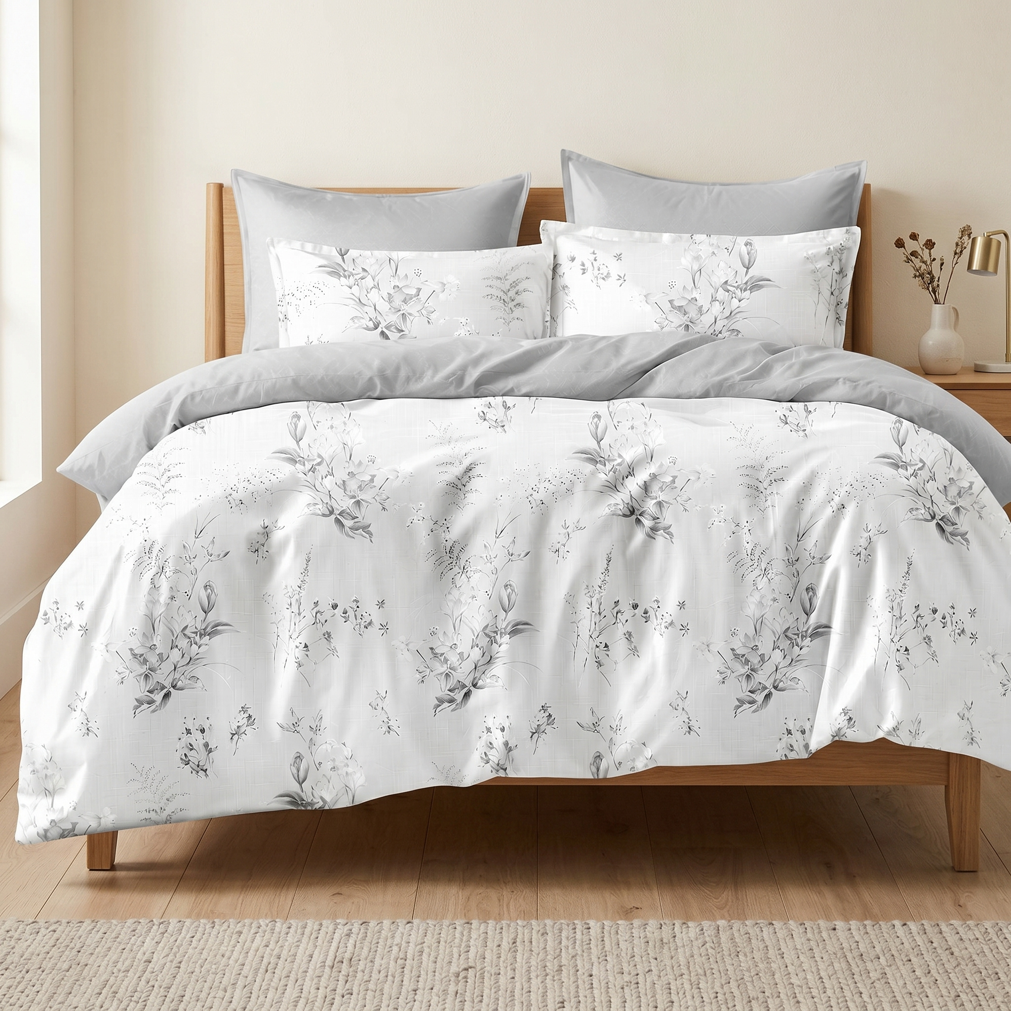 Ensemble Parure de Lit Satin Coton Motif Floral Blanc Gris | Fiolla Home