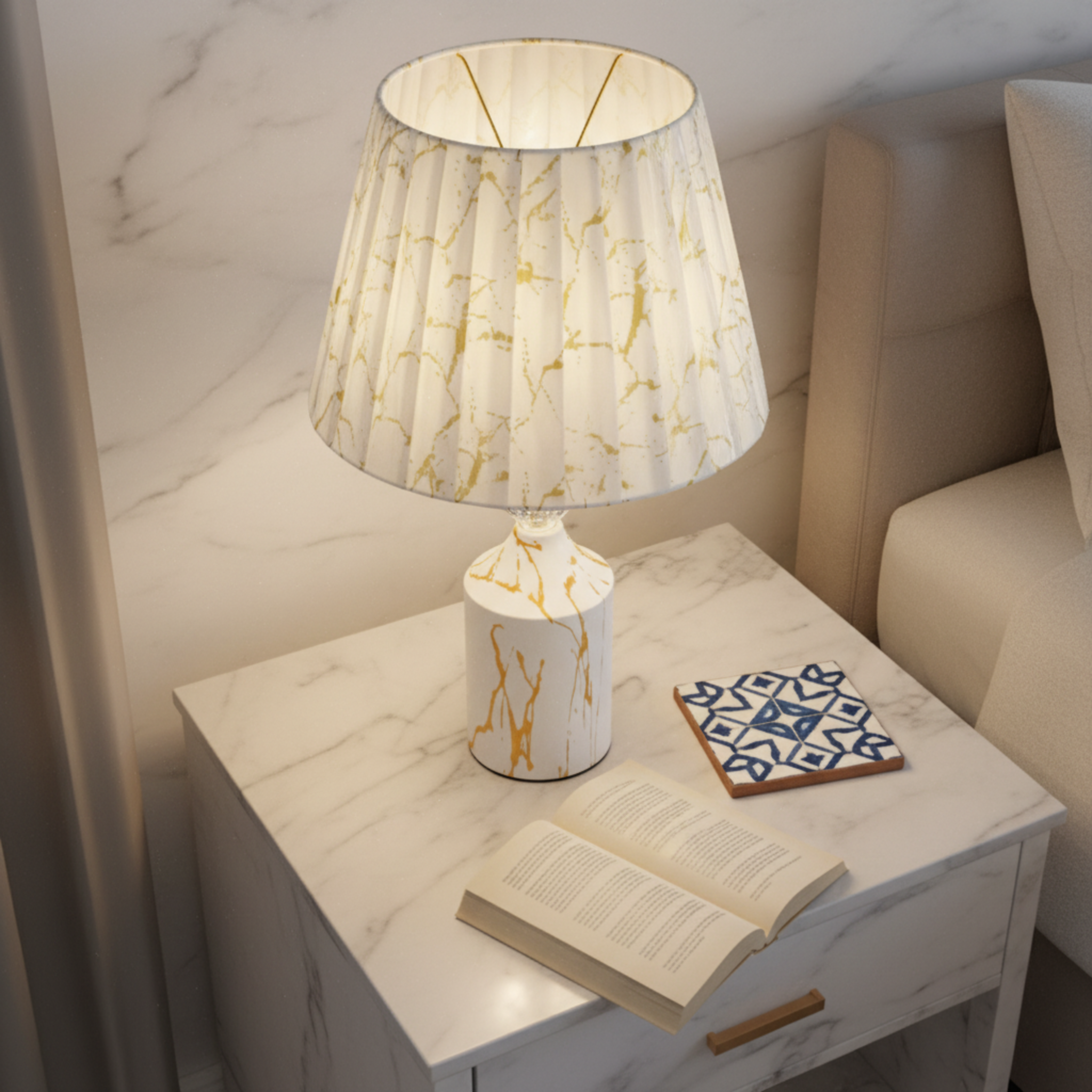Lampe de Chevet Effet Marbre Blanc Doré | Fiolla Home
